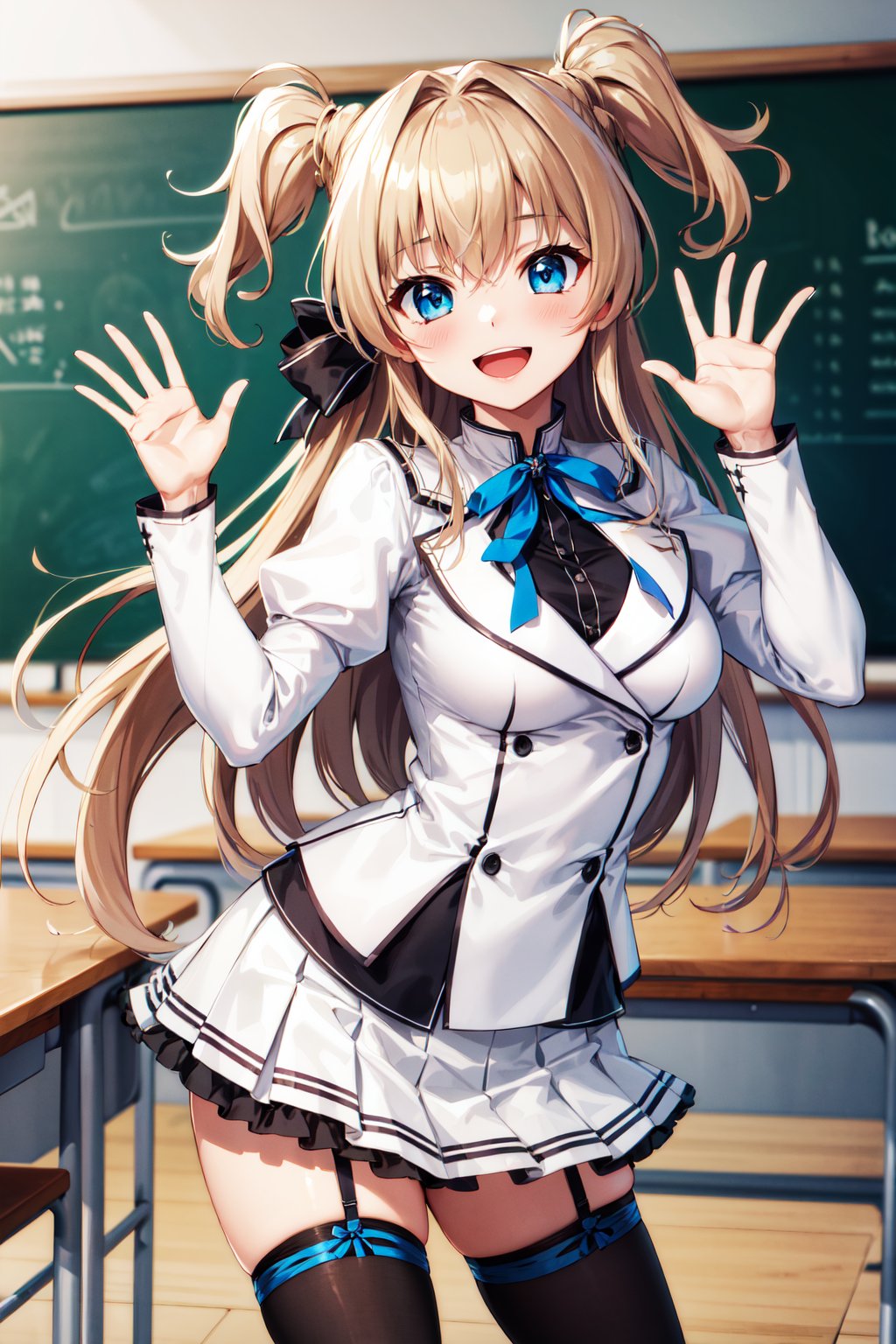 masterpiece, best quality, highres, 1girl, solo, long hair, blonde hair, two side up, (hair ribbon:1.1), blue eyes, neck ribbon, school uniform, white jacket, juliet sleeves, long sleeves, white skirt, thigh ribbon, black thighhighs, <lora:sena_airi_v1:0.7>, classroom, smile, open mouth, waving