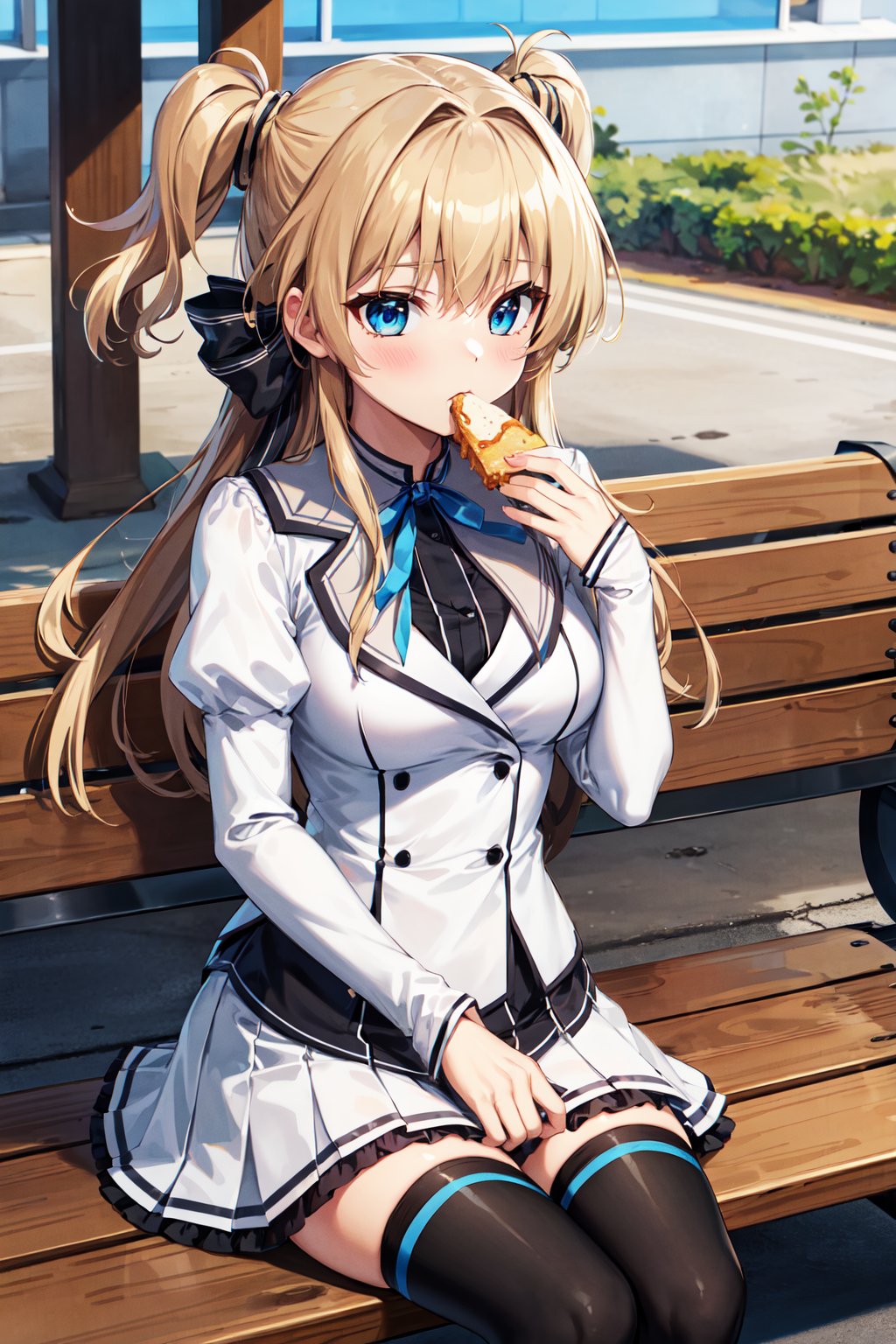 masterpiece, best quality, highres, 1girl, solo, long hair, blonde hair, two side up, (hair ribbon:1.1), blue eyes, neck ribbon, school uniform, white jacket, juliet sleeves, long sleeves, white skirt, thigh ribbon, black thighhighs, <lora:sena_airi_v1:0.7>, sitting, bench, food, eating, 