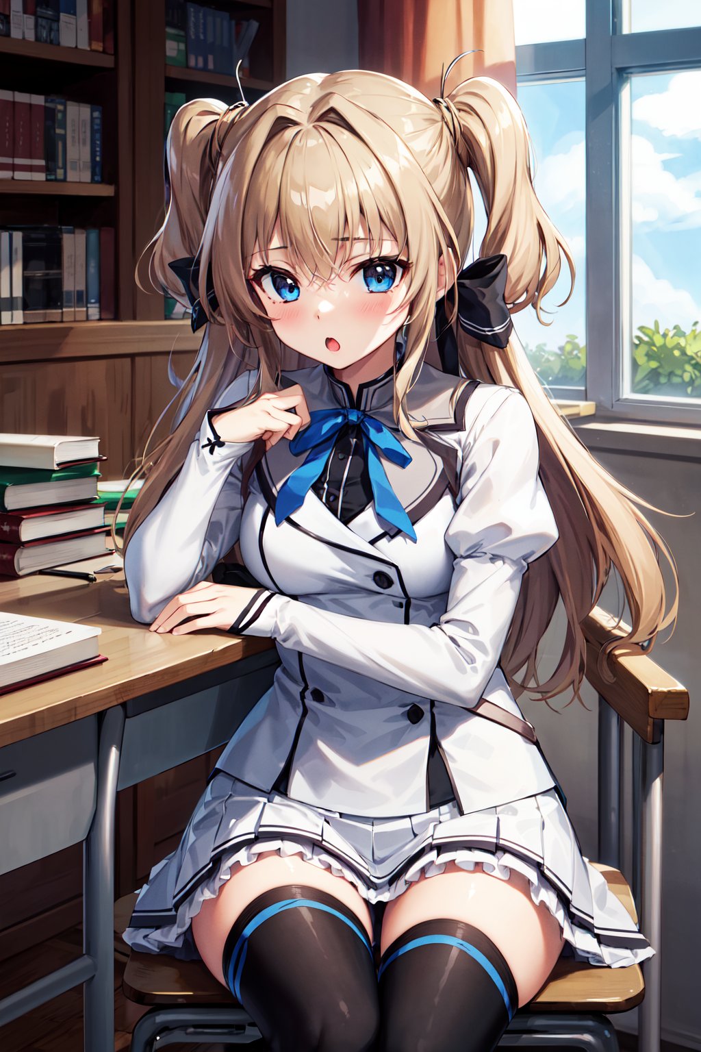 masterpiece, best quality, highres, 1girl, solo, long hair, blonde hair, two side up, (hair ribbon:1.1), blue eyes, neck ribbon, school uniform, white jacket, juliet sleeves, long sleeves, white skirt, thigh ribbon, black thighhighs, <lora:sena_airi_v1:0.7>, sitting, chair, desk, book, writing, :o