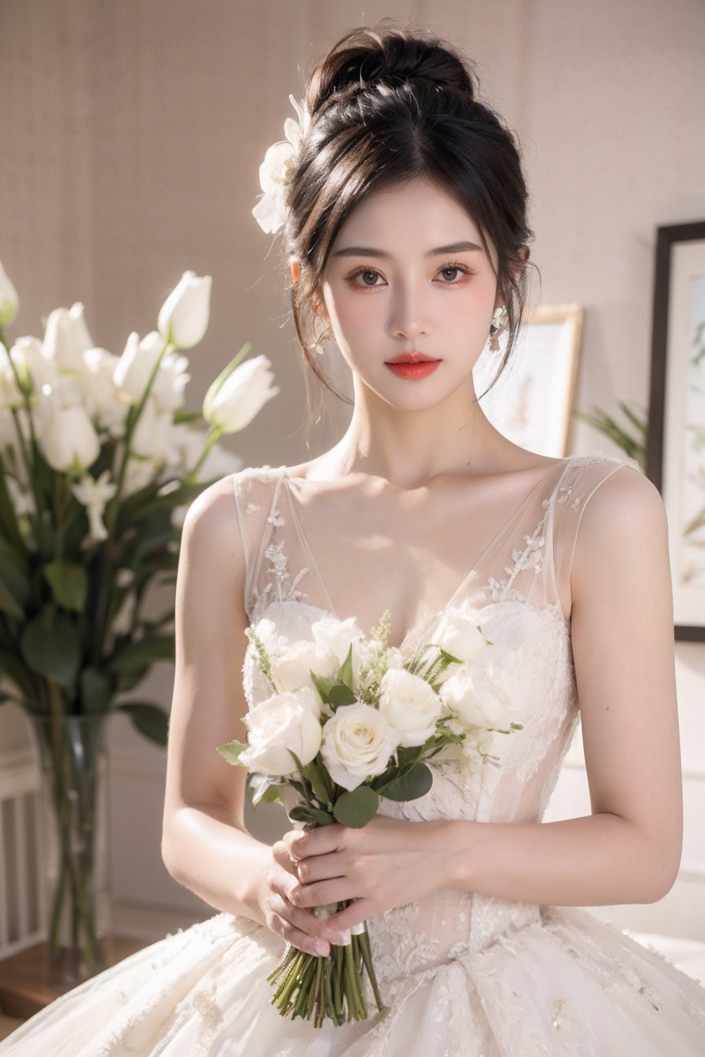 hunsha_girl,1girl,dress,solo,flower,white dress,black hair,bouquet,jewelry,wedding dress,earrings,blurry,looking at viewer,blurry background,white flower,realistic,holding,hair bun,black eyes,,