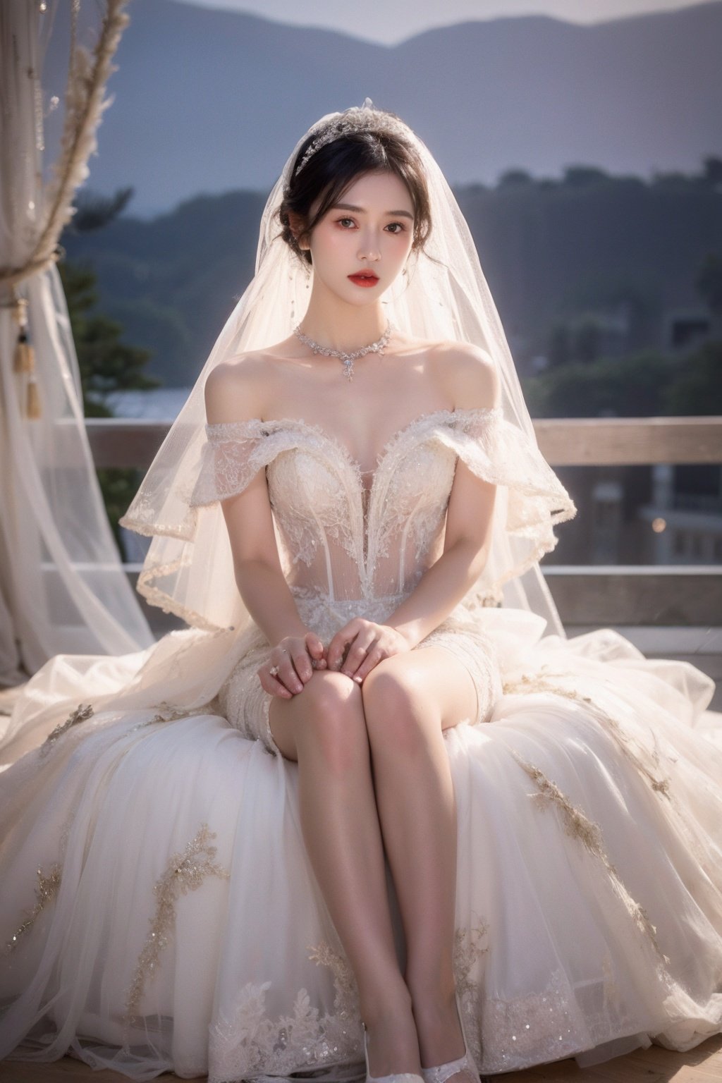 1girl,black hair,dress,veil,solo,wedding dress,bridal veil,jewelry,looking at viewer,realistic,white dress,brown eyes,bride,photo background,lips,collarbone,bare shoulders,necklace,red lips,(full body:1.2),black eyes,,