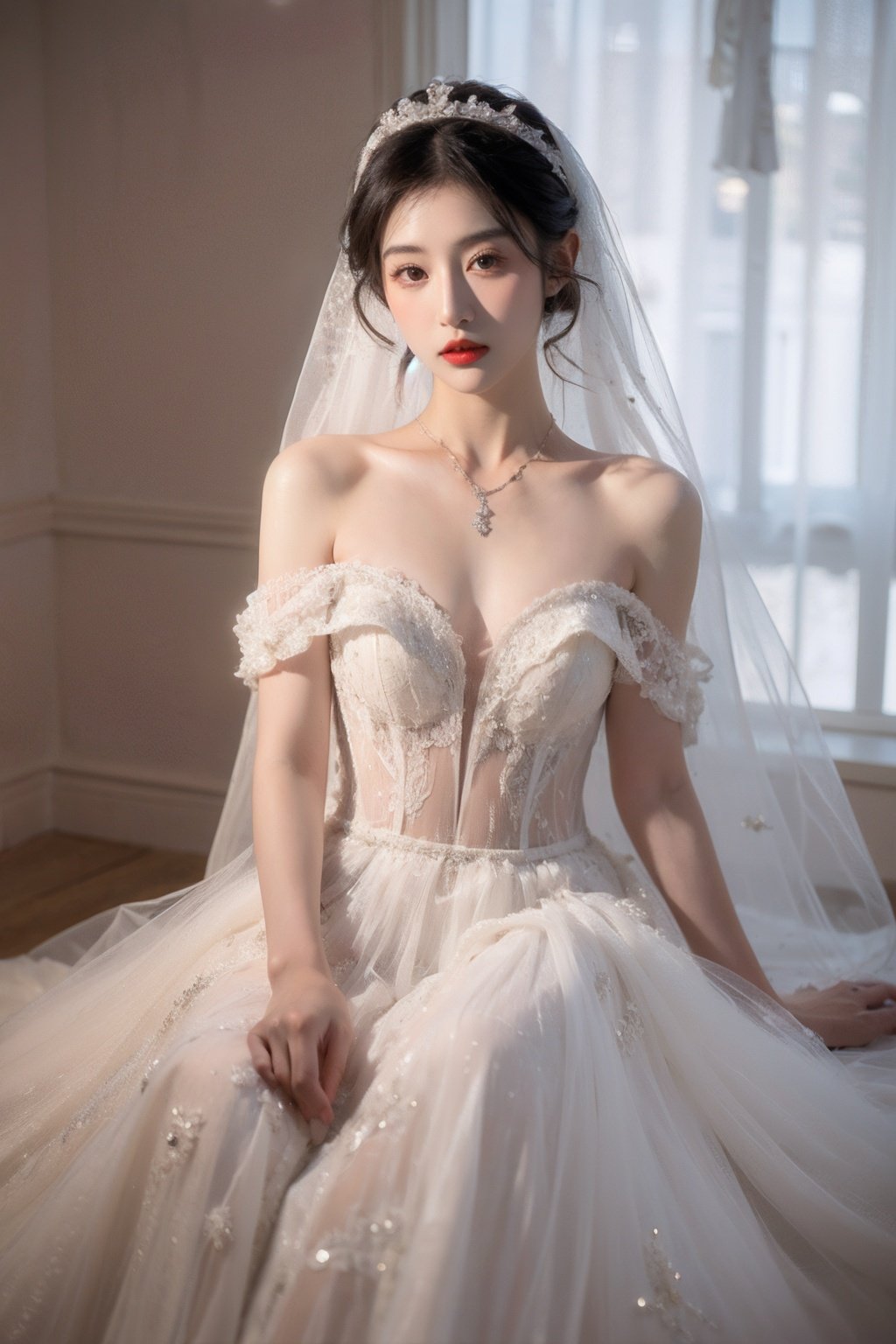 1girl,black hair,dress,veil,solo,wedding dress,bridal veil,jewelry,looking at viewer,realistic,white dress,brown eyes,bride,photo background,lips,collarbone,bare shoulders,necklace,red lips,(full body:1.2),black eyes,,