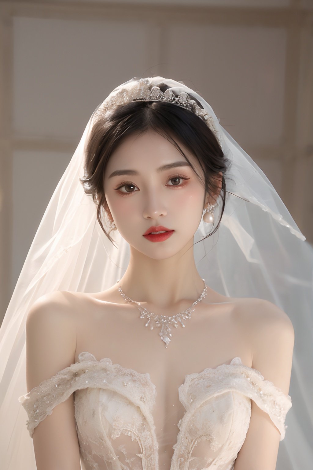 1girl, black hair, dress, veil, solo, wedding dress, bridal veil, jewelry, looking at viewer, realistic, earrings, white dress, brown eyes, bride, photo background, lips, collarbone, bare shoulders, necklace, red lips, short hair, upper body, black eyes