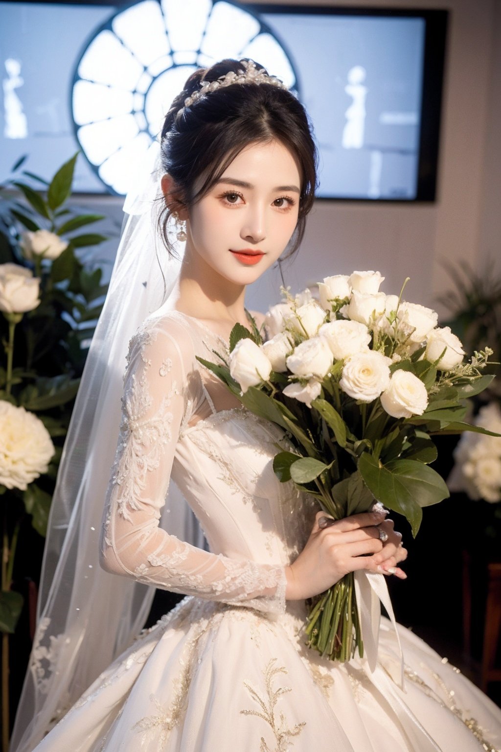 hunsha_girl,1girl,dress,solo,flower,white dress,black hair,bouquet,jewelry,wedding dress,earrings,blurry,looking at viewer,blurry background,white flower,realistic,holding,hair bun,black eyes,,