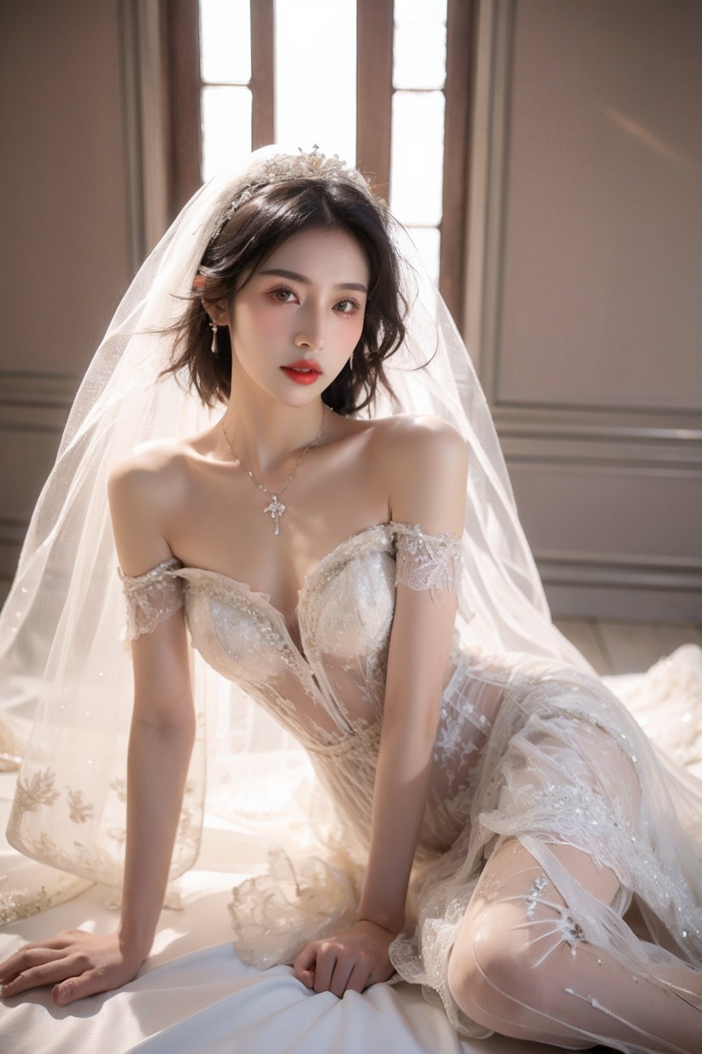 1girl,black hair,dress,veil,solo,wedding dress,bridal veil,jewelry,looking at viewer,realistic,white dress,brown eyes,bride,photo background,lips,collarbone,bare shoulders,necklace,red lips,(full body:1.2),black eyes,,