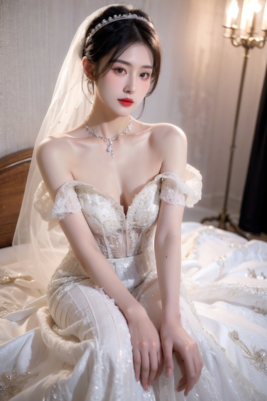 1girl,black hair,dress,veil,solo,wedding dress,bridal veil,jewelry,looking at viewer,realistic,white dress,brown eyes,bride,photo background,lips,collarbone,bare shoulders,necklace,red lips,(full body:1.2),black eyes,,