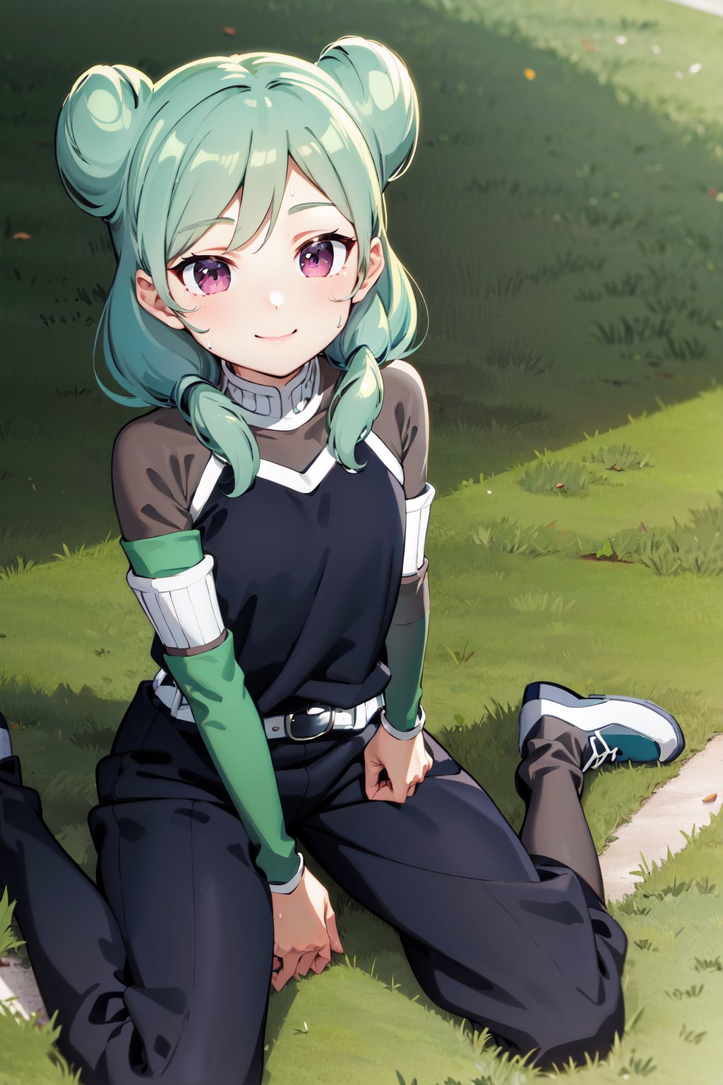 masterpiece, best quality, highres, aabeta, armband, sportswear, double bun, black shirt, belt, black pants, <lora:beta_v1:0.7>, stadium, grass, wariza, sweat, smile