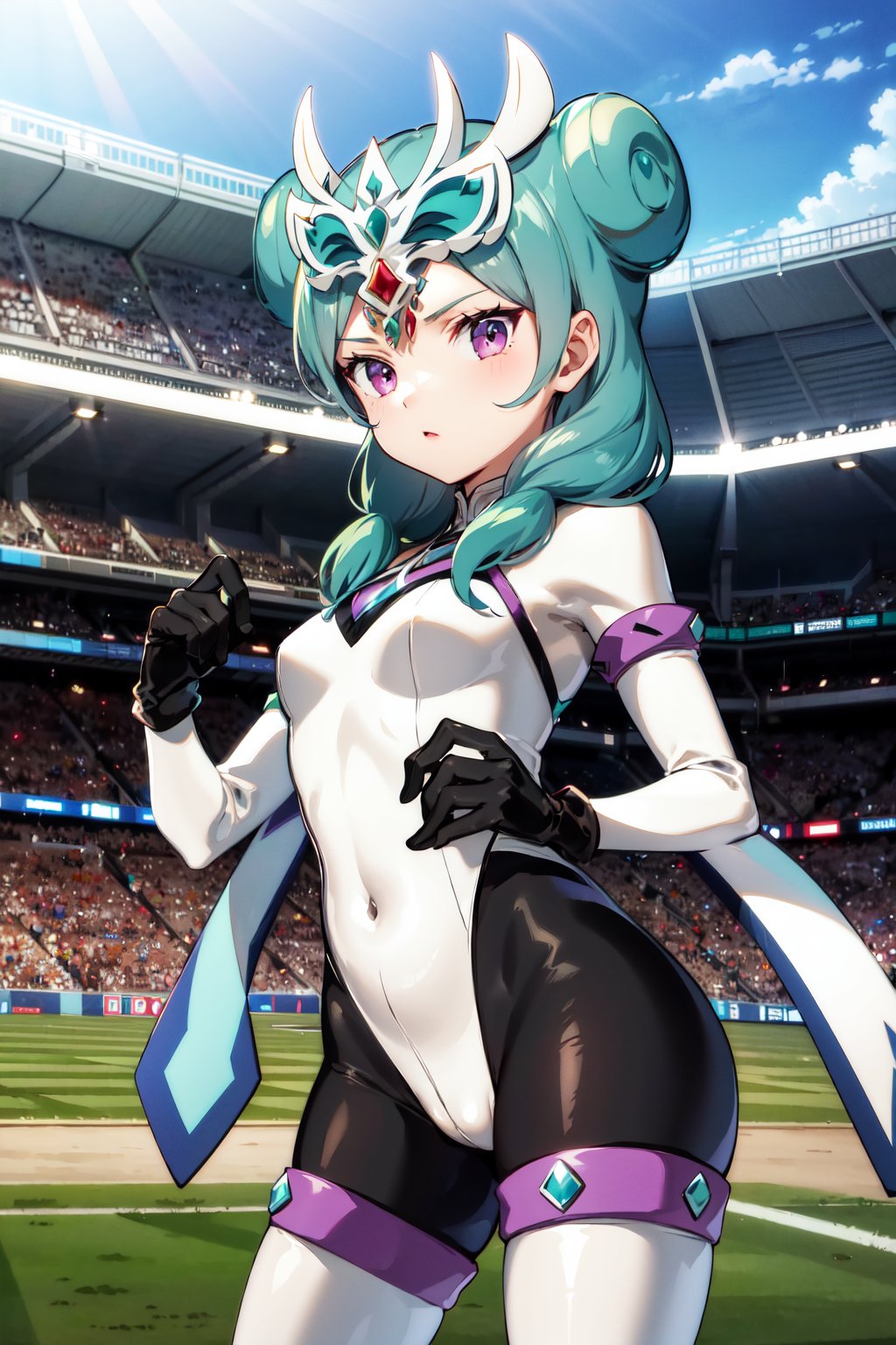 masterpiece, best quality, highres, aabeta, double bun, hair ornament, white bodysuit, black gloves, white thighhighs, <lora:beta_v1:0.7>, stadium, grass, standing, cowboy shot,