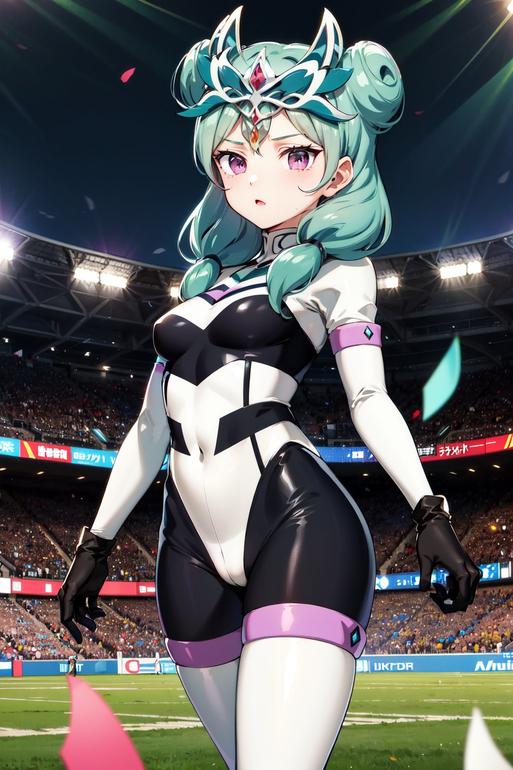 masterpiece, best quality, highres, aabeta, double bun, hair ornament, white bodysuit, black gloves, white thighhighs, <lora:beta_v1:0.7>, stadium, grass, standing, cowboy shot,