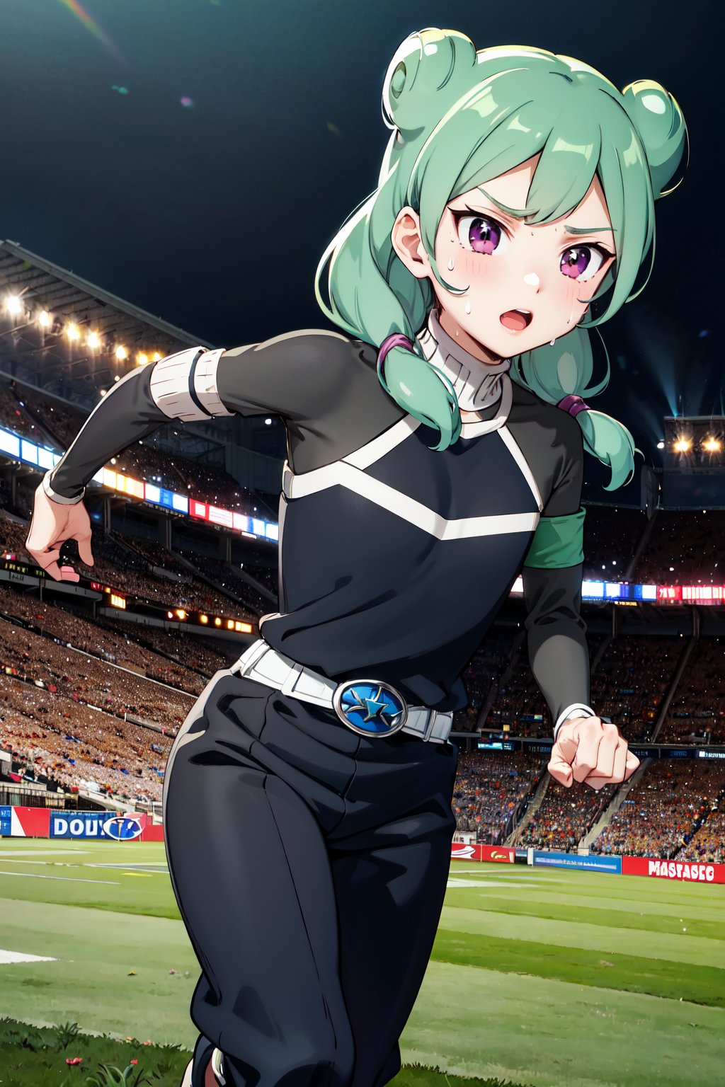 masterpiece, best quality, highres, aabeta, armband, sportswear, double bun, black shirt, belt, black pants, <lora:beta_v1:0.7>, outdoors, cowboy shot, standing, stadium, grass, (running:1.2), sweat