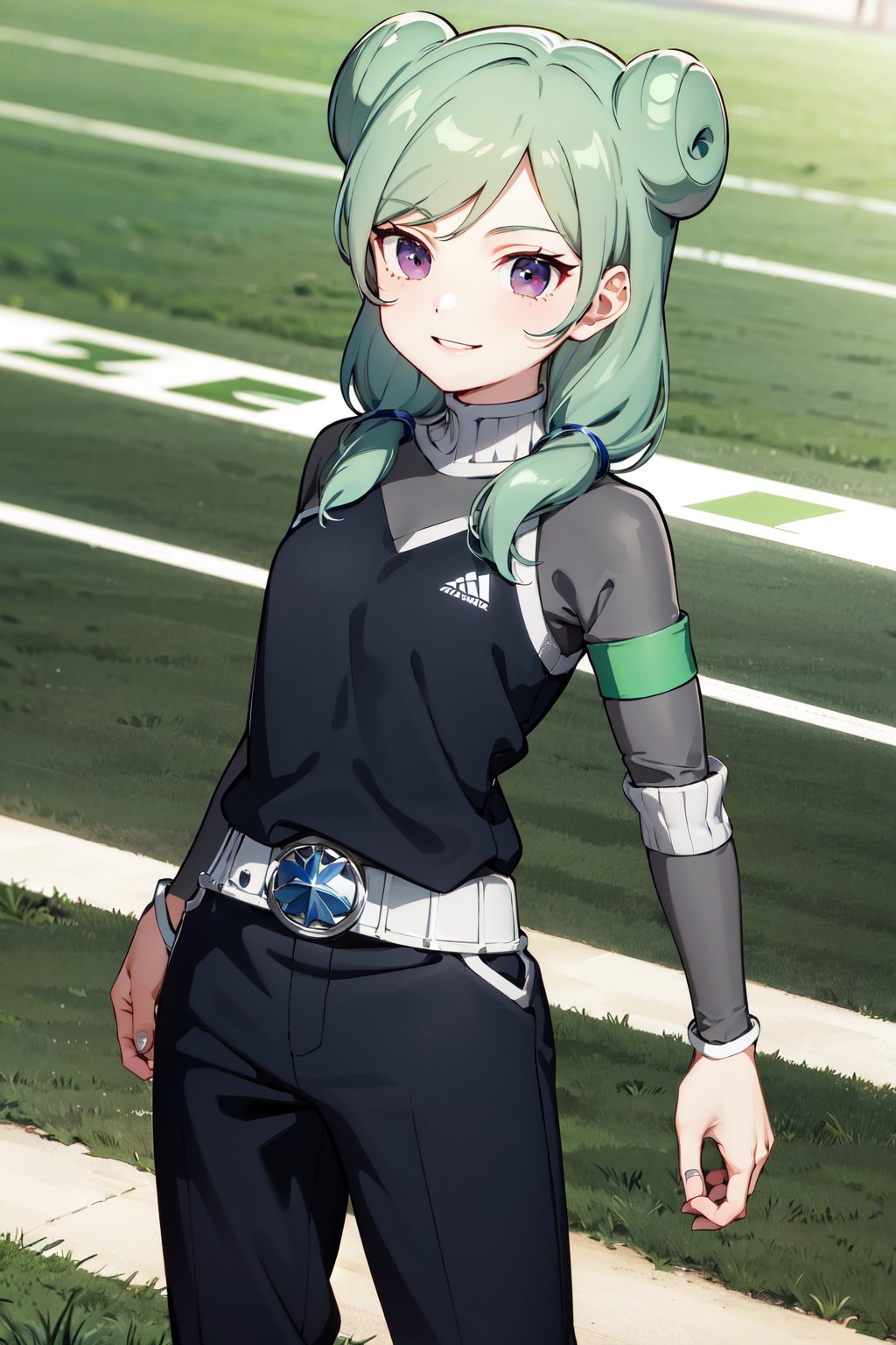 masterpiece, best quality, highres, aabeta, armband, sportswear, double bun, black shirt, belt, black pants, <lora:beta_v1:0.7>, outdoors, cowboy shot, standing, stadium, grass, smile