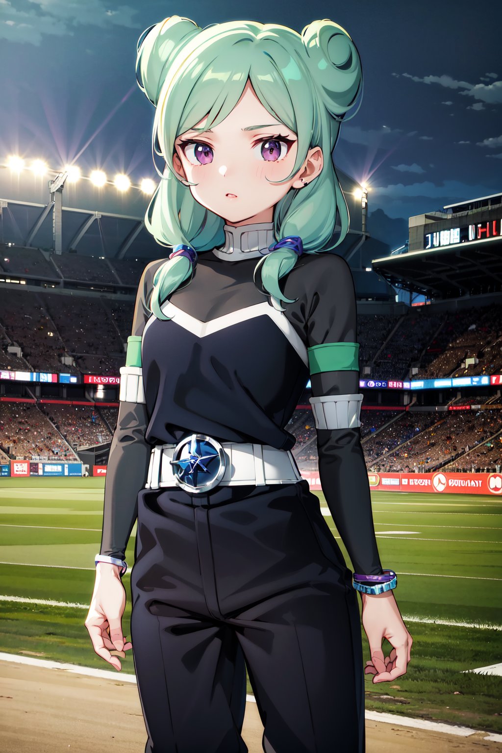 masterpiece, best quality, highres, aabeta, armband, sportswear, double bun, black shirt, belt, black pants, <lora:beta_v1:0.7>, outdoors, cowboy shot, standing, stadium