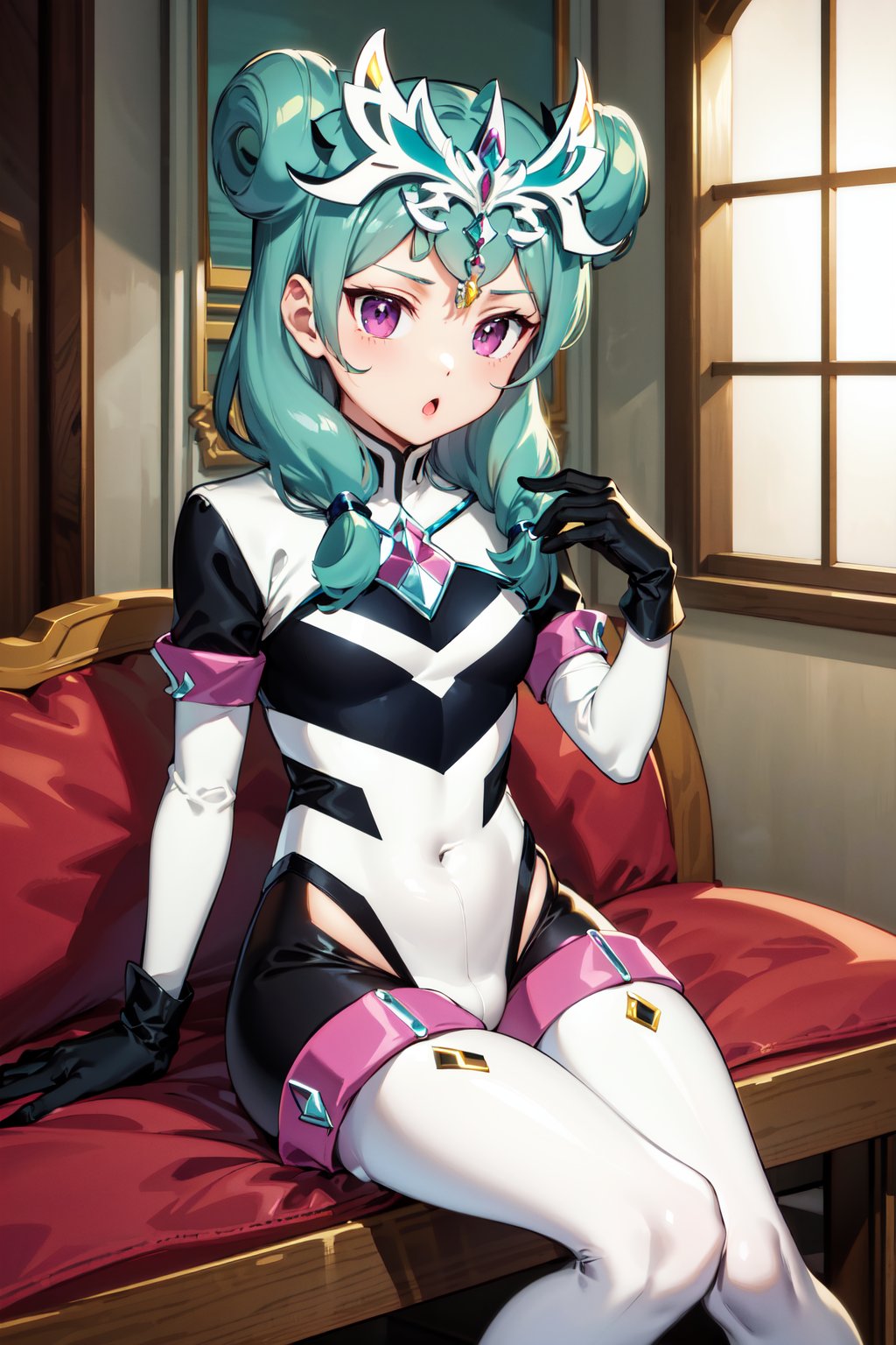 masterpiece, best quality, highres, aabeta, double bun, hair ornament, white bodysuit, black gloves, white thighhighs, <lora:beta_v1:0.7>, indoors, :o, sitting