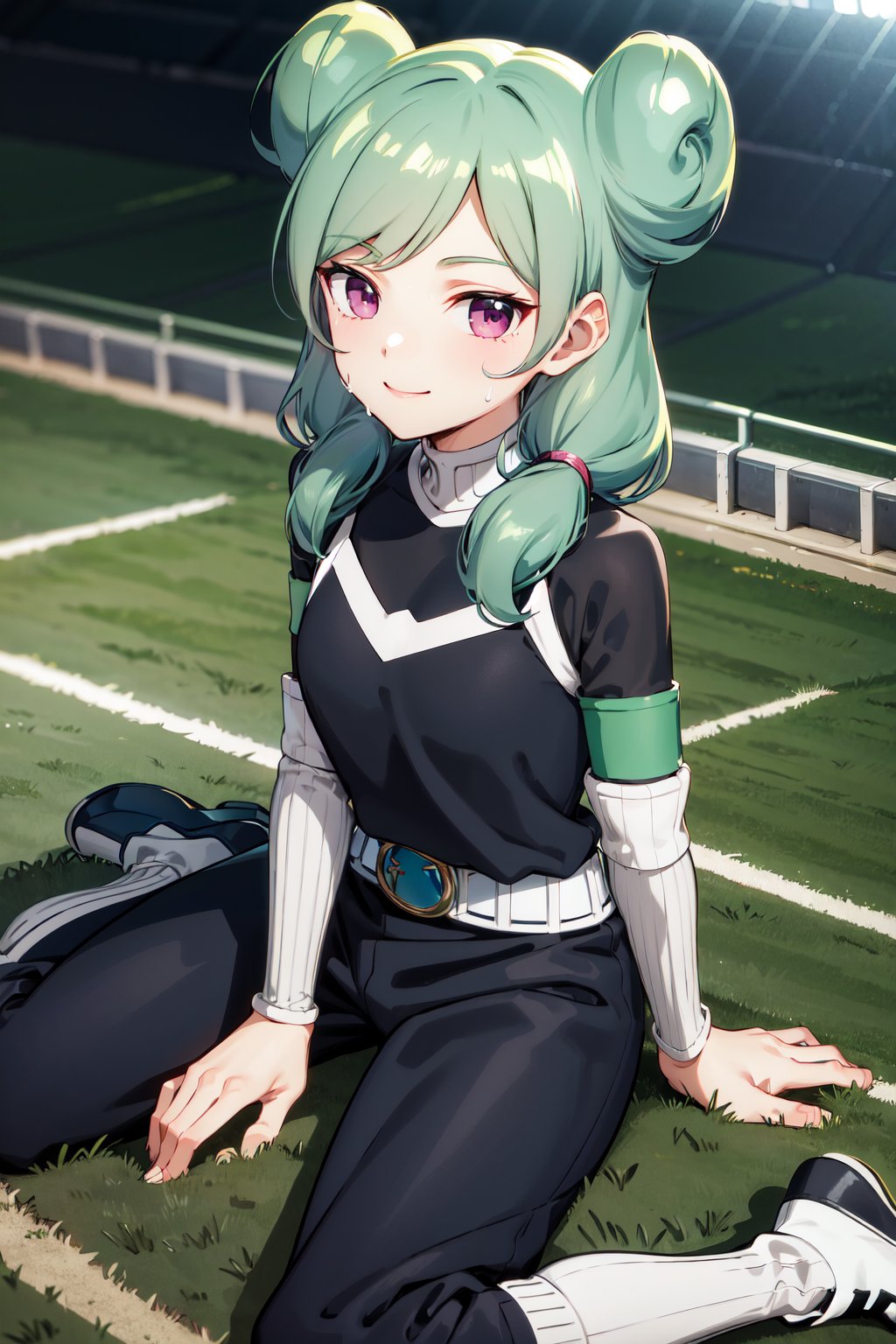 masterpiece, best quality, highres, aabeta, armband, sportswear, double bun, black shirt, belt, black pants, <lora:beta_v1:0.7>, stadium, grass, wariza, sweat, smile