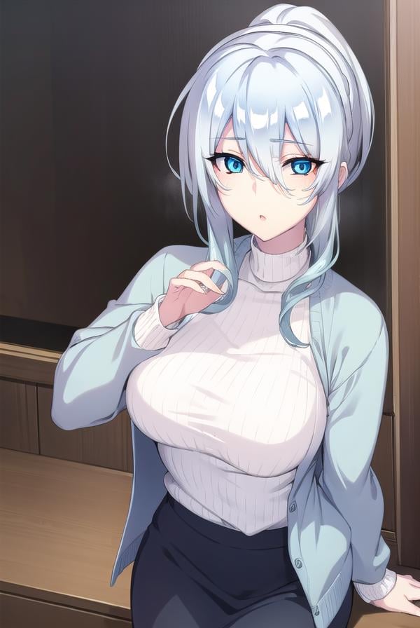 yukionayukino, <lora:yukionayukino-lora-nochekaiser:1>,yuki ona yukino, long hair, bangs, blue eyes, hair between eyes, blue hair, ponytail,BREAK skirt, long sleeves, black skirt, sweater, turtleneck, ribbed sweater, white sweater, cardigan, blue cardigan, open cardigan,BREAK indoors, bed,BREAK looking at viewer, (cowboy shot:1.5),BREAK <lyco:GoodHands-beta2:1>, (masterpiece:1.2), best quality, high resolution, unity 8k wallpaper, (illustration:0.8), (beautiful detailed eyes:1.6), extremely detailed face, perfect lighting, extremely detailed CG, (perfect hands, perfect anatomy),