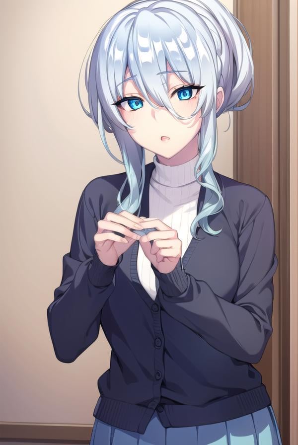 yukionayukino, <lora:yukionayukino-lora-nochekaiser:1>,yuki ona yukino, long hair, bangs, blue eyes, hair between eyes, blue hair, ponytail,BREAK skirt, long sleeves, black skirt, sweater, turtleneck, ribbed sweater, white sweater, cardigan, blue cardigan, open cardigan,BREAK indoors, bed,BREAK looking at viewer, (cowboy shot:1.5),BREAK <lyco:GoodHands-beta2:1>, (masterpiece:1.2), best quality, high resolution, unity 8k wallpaper, (illustration:0.8), (beautiful detailed eyes:1.6), extremely detailed face, perfect lighting, extremely detailed CG, (perfect hands, perfect anatomy),