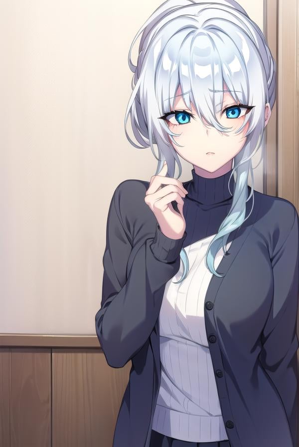 yukionayukino, <lora:yukionayukino-lora-nochekaiser:1>,yuki ona yukino, long hair, bangs, blue eyes, hair between eyes, blue hair, ponytail,BREAK skirt, long sleeves, black skirt, sweater, turtleneck, ribbed sweater, white sweater, cardigan, blue cardigan, open cardigan,BREAK indoors, bed,BREAK looking at viewer, (cowboy shot:1.5),BREAK <lyco:GoodHands-beta2:1>, (masterpiece:1.2), best quality, high resolution, unity 8k wallpaper, (illustration:0.8), (beautiful detailed eyes:1.6), extremely detailed face, perfect lighting, extremely detailed CG, (perfect hands, perfect anatomy),