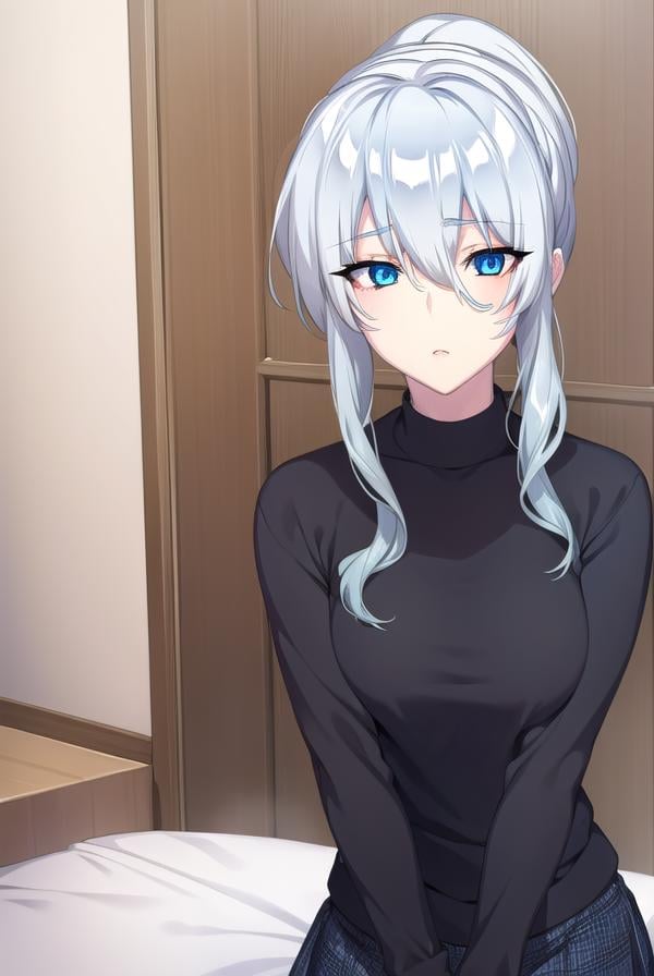 yukionayukino, <lora:yukionayukino-lora-nochekaiser:1>,yuki ona yukino, long hair, bangs, blue eyes, hair between eyes, blue hair, ponytail,BREAK skirt, long sleeves, black skirt, sweater, turtleneck, ribbed sweater, white sweater,BREAK indoors, bed,BREAK looking at viewer, (cowboy shot:1.5),BREAK <lyco:GoodHands-beta2:1>, (masterpiece:1.2), best quality, high resolution, unity 8k wallpaper, (illustration:0.8), (beautiful detailed eyes:1.6), extremely detailed face, perfect lighting, extremely detailed CG, (perfect hands, perfect anatomy),