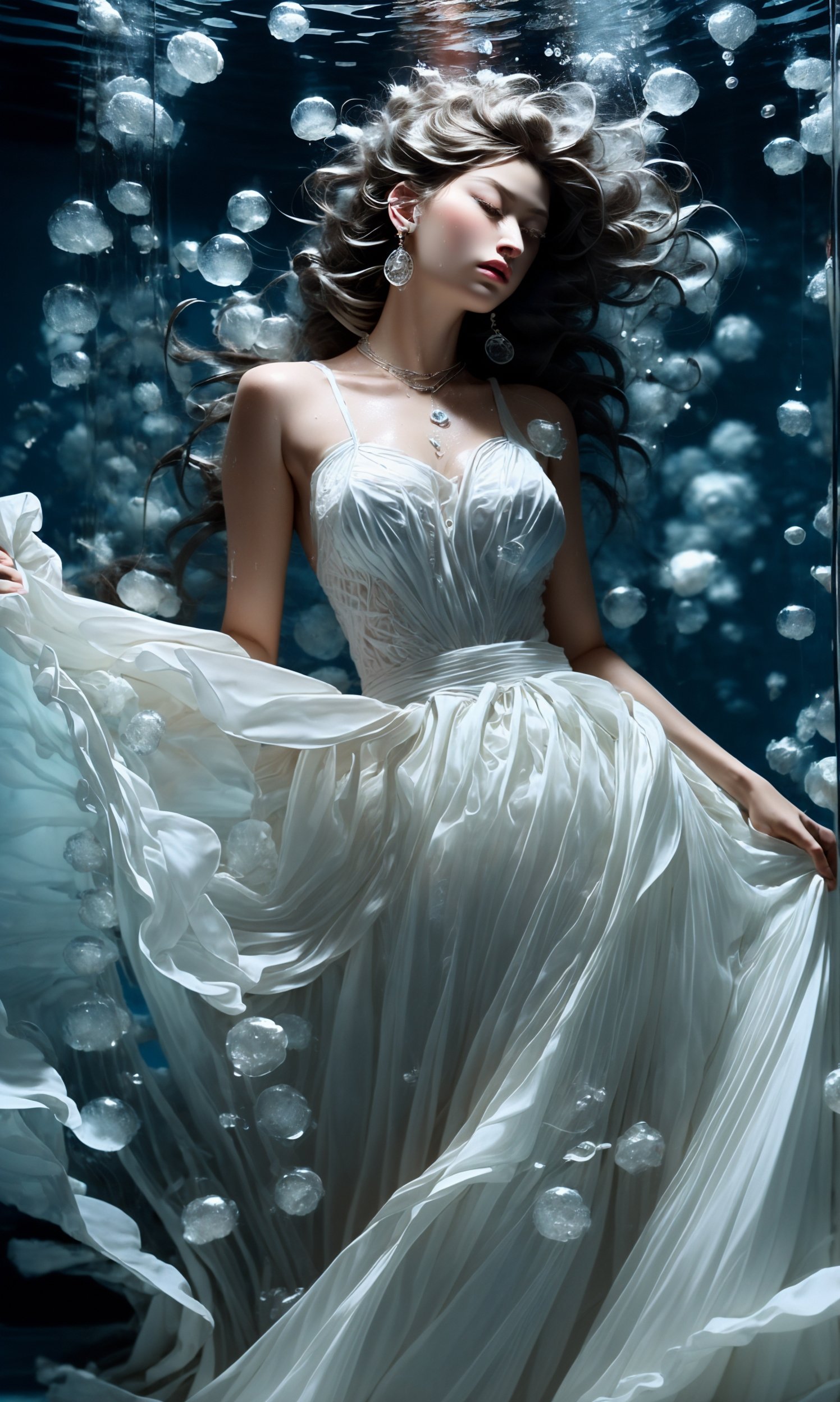 (dramatic, gritty, intense:1.4),masterpiece, best quality, 8k, insane details, intricate details, hyperdetailed, hyper quality, high detail, ultra detailed, Masterpiece,1girl，solo，underwater，bubble，air bubble，jewelry，bare shoulders，skirt hold，wet clothes，(shiny skin:1.5)，white dress，earrings，makeup，long dress，barefoot，puffy sleeves，float，(long hair:1.4)，(black hair:1.4)，<lora:绪儿-水下摄影Mecha:0.9>