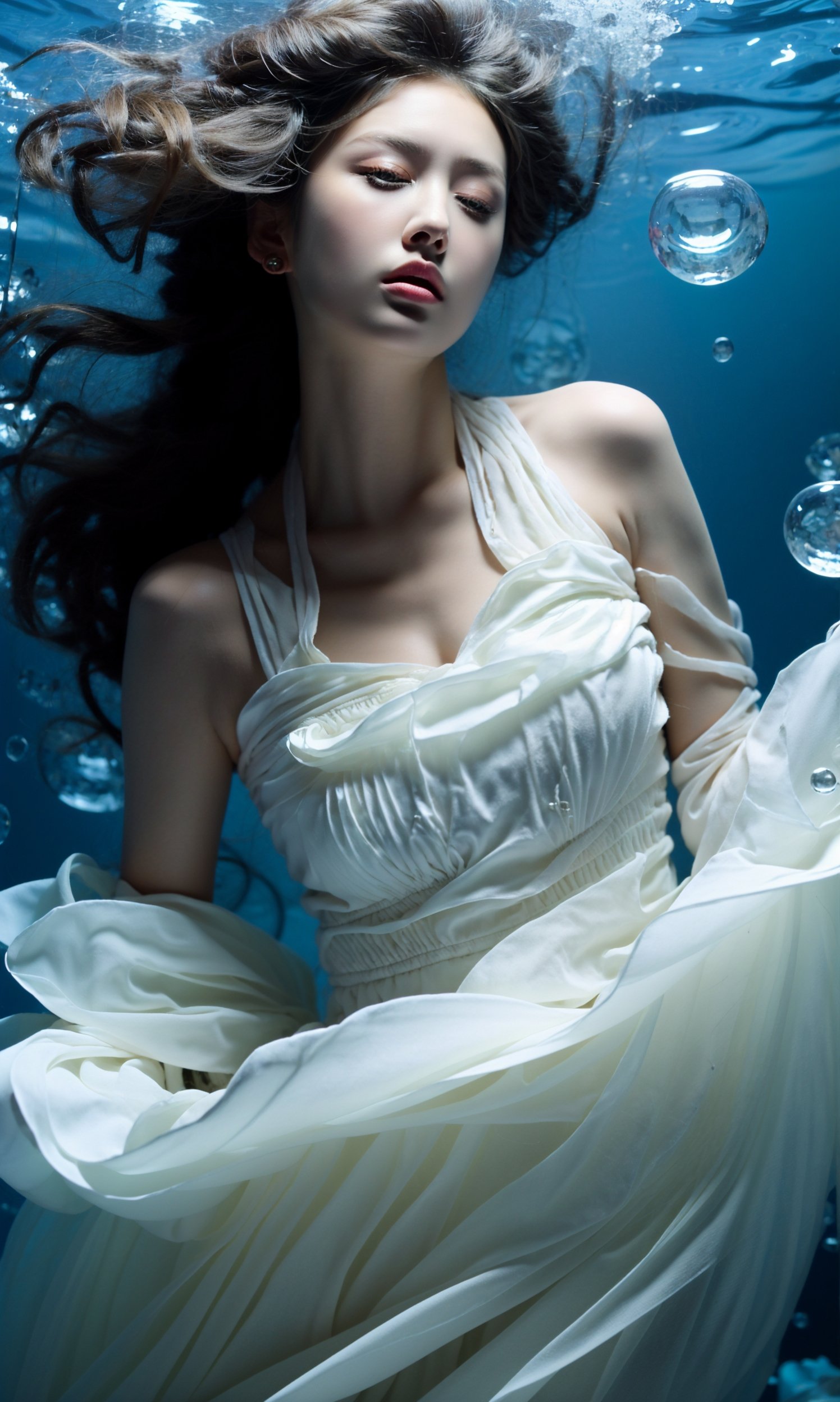 (dramatic, gritty, intense:1.4),masterpiece, best quality, 8k, insane details, intricate details, hyperdetailed, hyper quality, high detail, ultra detailed, Masterpiece,1girl，solo，underwater，bubble，air bubble，jewelry，bare shoulders，skirt hold，wet clothes，(shiny skin:1.5)，white dress，earrings，makeup，long dress，barefoot，puffy sleeves，float，(long hair:1.4)，(black hair:1.4)，<lora:绪儿-水下摄影Mecha:0.9>