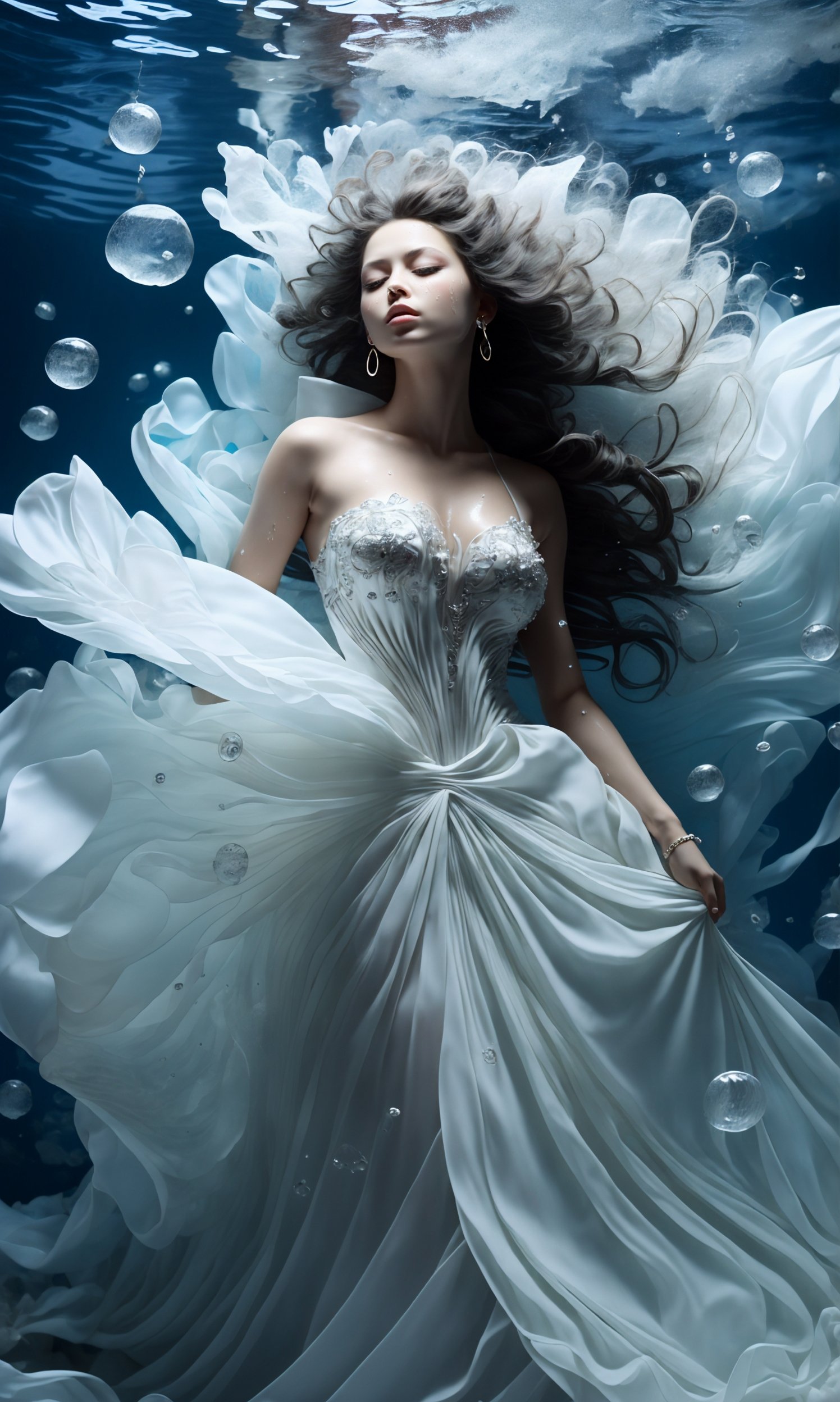 (dramatic, gritty, intense:1.4),masterpiece, best quality, 8k, insane details, intricate details, hyperdetailed, hyper quality, high detail, ultra detailed, Masterpiece,1girl，solo，underwater，bubble，air bubble，jewelry，bare shoulders，skirt hold，wet clothes，(shiny skin:1.5)，white dress，earrings，makeup，long dress，barefoot，puffy sleeves，float，(long hair:1.4)，(black hair:1.4)，<lora:绪儿-水下摄影Mecha:0.9>