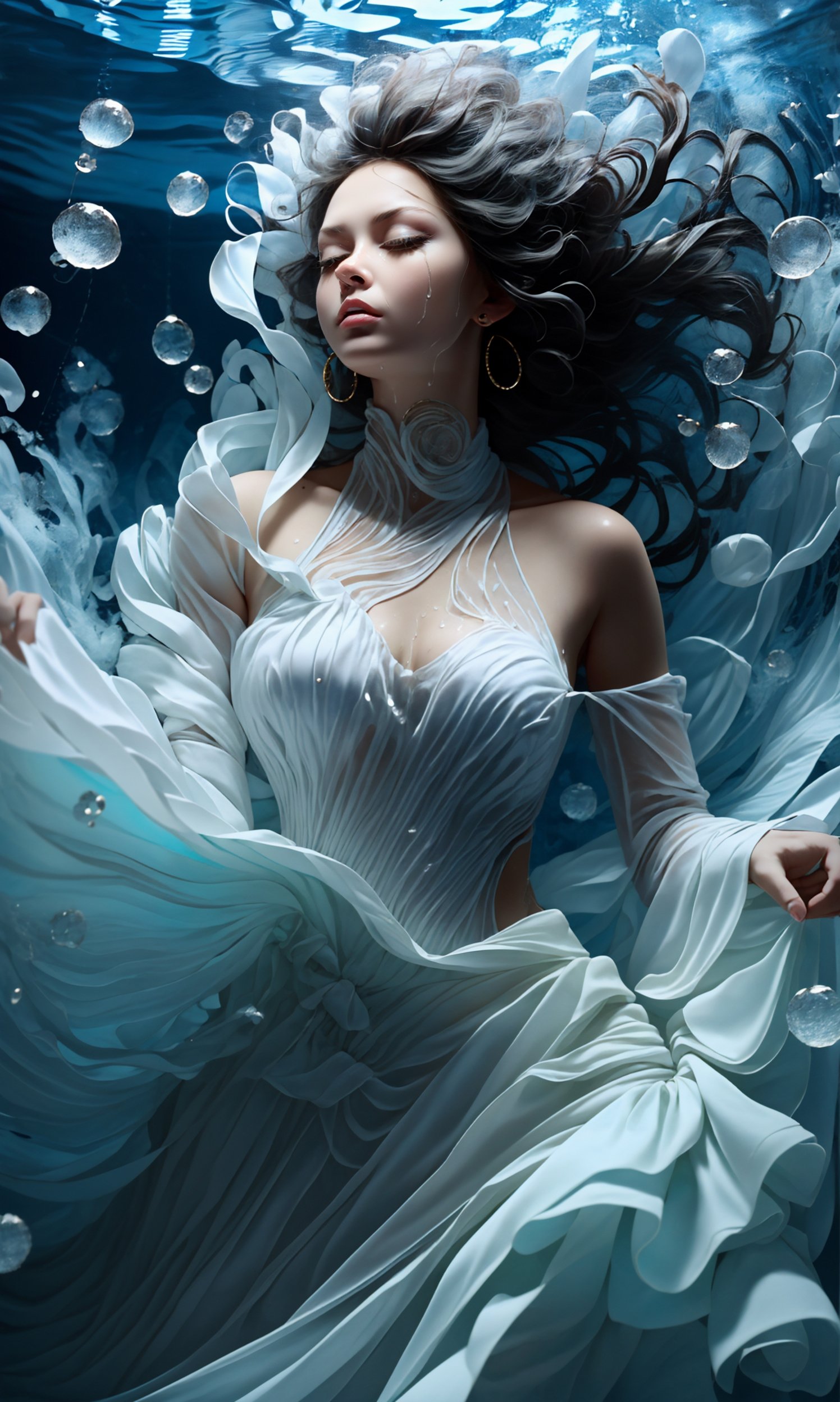 (dramatic, gritty, intense:1.4),masterpiece, best quality, 8k, insane details, intricate details, hyperdetailed, hyper quality, high detail, ultra detailed, Masterpiece,1girl，solo，underwater，bubble，air bubble，jewelry，bare shoulders，skirt hold，wet clothes，(shiny skin:1.5)，white dress，earrings，makeup，long dress，barefoot，puffy sleeves，float，(long hair:1.4)，(black hair:1.4)，<lora:绪儿-水下摄影Mecha:0.9>