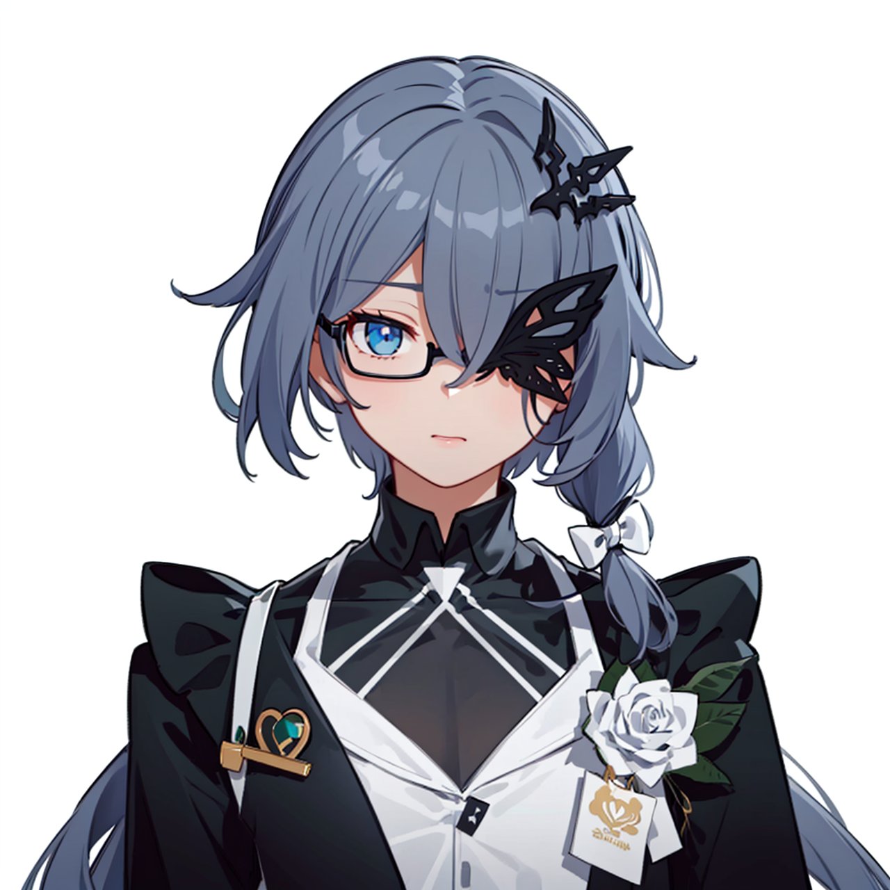 (masterpiece:1.3), (the best quality:1.2), (super fine illustrations:1.2), (Masterpiece), high quality, high detail, (white background:1.2), looking at viewer, (SOLO:1.4), outline, simplebackground,glasses, gloves, striped, blue eyes, black skirt, black dress, black shirt, white waistcoat, ornament, highheel, dress, hair ribbon, checkered skirt, grey hair, half gloves, eyepatch, shirt, star pasties, low ponytail, striped bow, long hair, semi-rimless eyewear, hair ornament, black-framed eyewear,