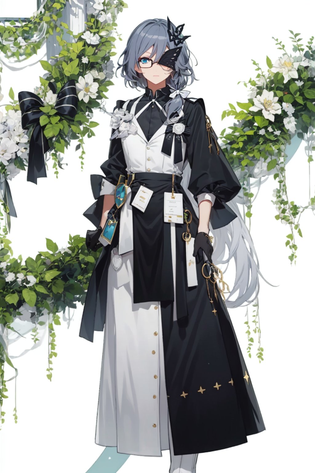 (masterpiece:1.3), (the best quality:1.2), (super fine illustrations:1.2), (Masterpiece), high quality, high detail, (white background:1.2), looking at viewer, (SOLO:1.4), outline, simplebackground, , glasses, gloves, striped, blue eyes, black skirt, black dress, black shirt, white waistcoat, ornament, highheel, dress, hair ribbon, checkered skirt, grey hair, half gloves, eyepatch, shirt, star pasties, low ponytail, striped bow, long hair, semi-rimless eyewear, hair ornament, black-framed eyewear, 