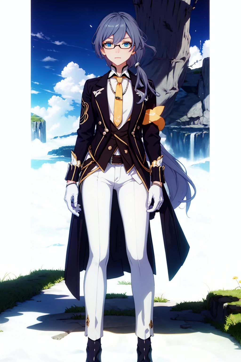 (masterpiece:1.3), (the best quality:1.2), (super fine illustrations:1.2), (Masterpiece), high quality, high detail, (white background:1.2), looking at viewer, (SOLO:1.4), outline, simplebackground, , hair between eyes, suit, butler, black-framed eyewear, armband, long sleeves, low ponytail, blue eyes, fu hua, white shirt, necktie, pants, black pants, white gloves, belt, gloves, long hair, glasses, shirt, jacket, white bow, 