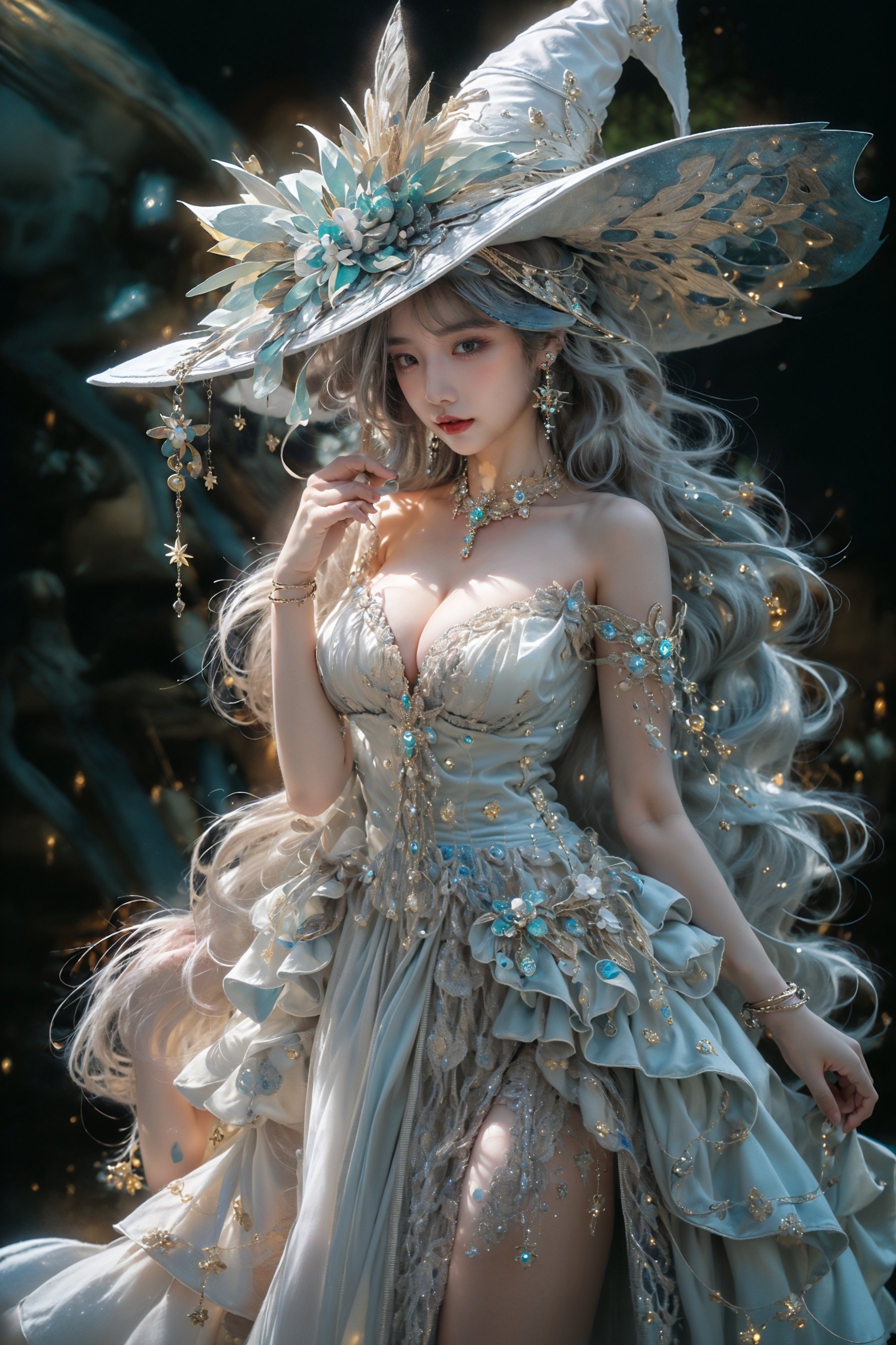 Moon Witch，1gid，solo，witch hat，blonde hair，dress，jewelry，high heels，cleavage，earrings，bracelet，bare shoulders，white thighhighs， (Milky skin, shiny skin:1.5)， <lora:Moon Witch_20230831151742:0.9>