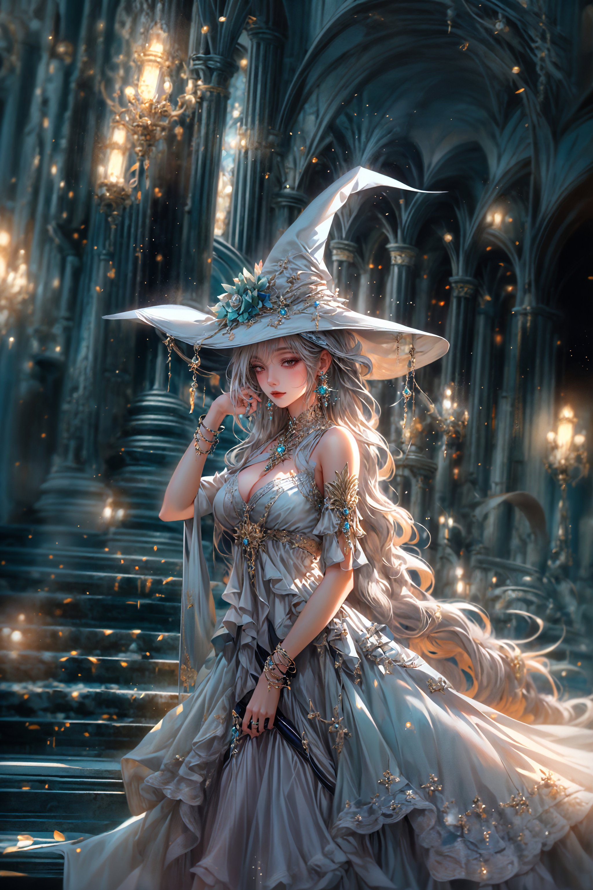 Moon Witch，1gid，solo，witch hat，blonde hair，dress，jewelry，high heels，cleavage，earrings，bracelet，bare shoulders，white thighhighs， <lora:Moon Witch_20230831151742:0.9>