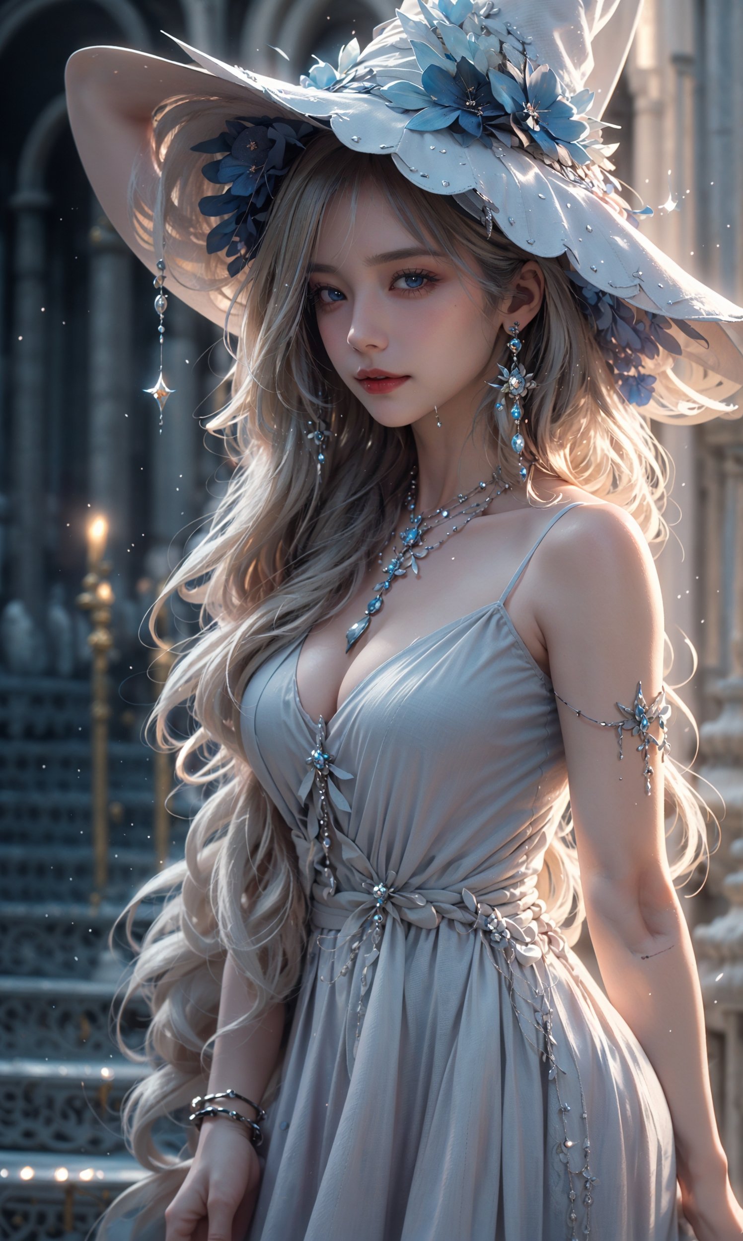 (dramatic, gritty, intense:1.4),masterpiece, best quality, 8k, insane details, intricate details, hyperdetailed, hyper quality, high detail, ultra detailed, Masterpiece,Moon Witch，1gid，solo，white witch hat，blonde hair，white dress，jewelry，high heels，cleavage，earrings，bracelet，bare shoulders， Milky skin, (shiny skin:1.6)，blue eyes，(blue flower:1.3)，castle，building，ring，(water:1.4)，indoor，<lora:绪儿-月亮女巫Moon Witch:0.8>