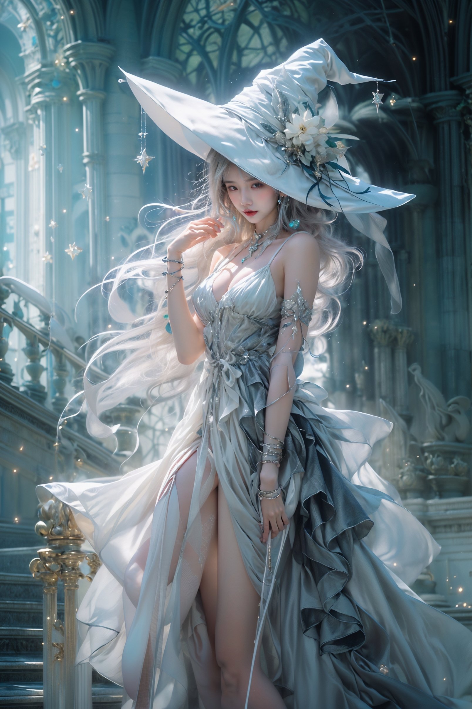 Moon Witch，1girl，witch hat，blonde hair，Witch gown，jewelry，high heels，cleavage，earrings，bracelet，bare shoulders，white thighhighs， (Milky skin, shiny skin:1.5)，(Black silk stockings:1.4), Water as smooth as a mirror, beautiful detailed water, reflection pool, dynamic angle, floating,<lora:绪儿-月亮女巫Moon Witch:0.9>