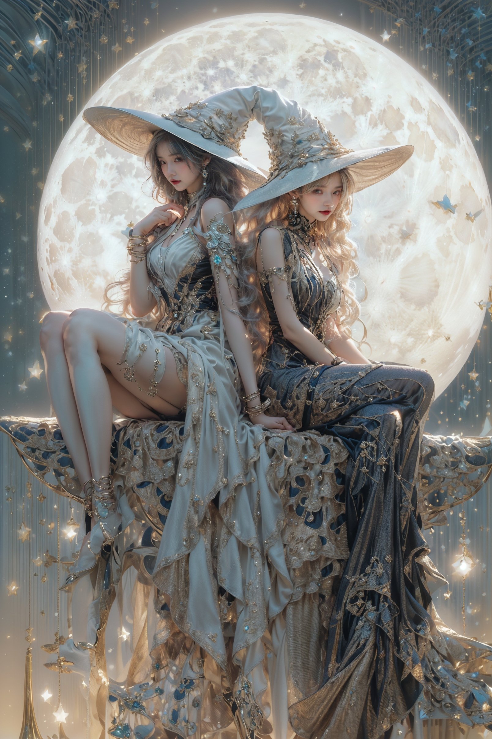 Moon Witch，2gid，witch hat，blonde hair，Witch gown，jewelry，high heels，cleavage，earrings，bracelet，bare shoulders，white thighhighs， (Milky skin, shiny skin:1.5)，(Black silk stockings:1.4), <lora:Moon Witch_20230831151742:0.9>