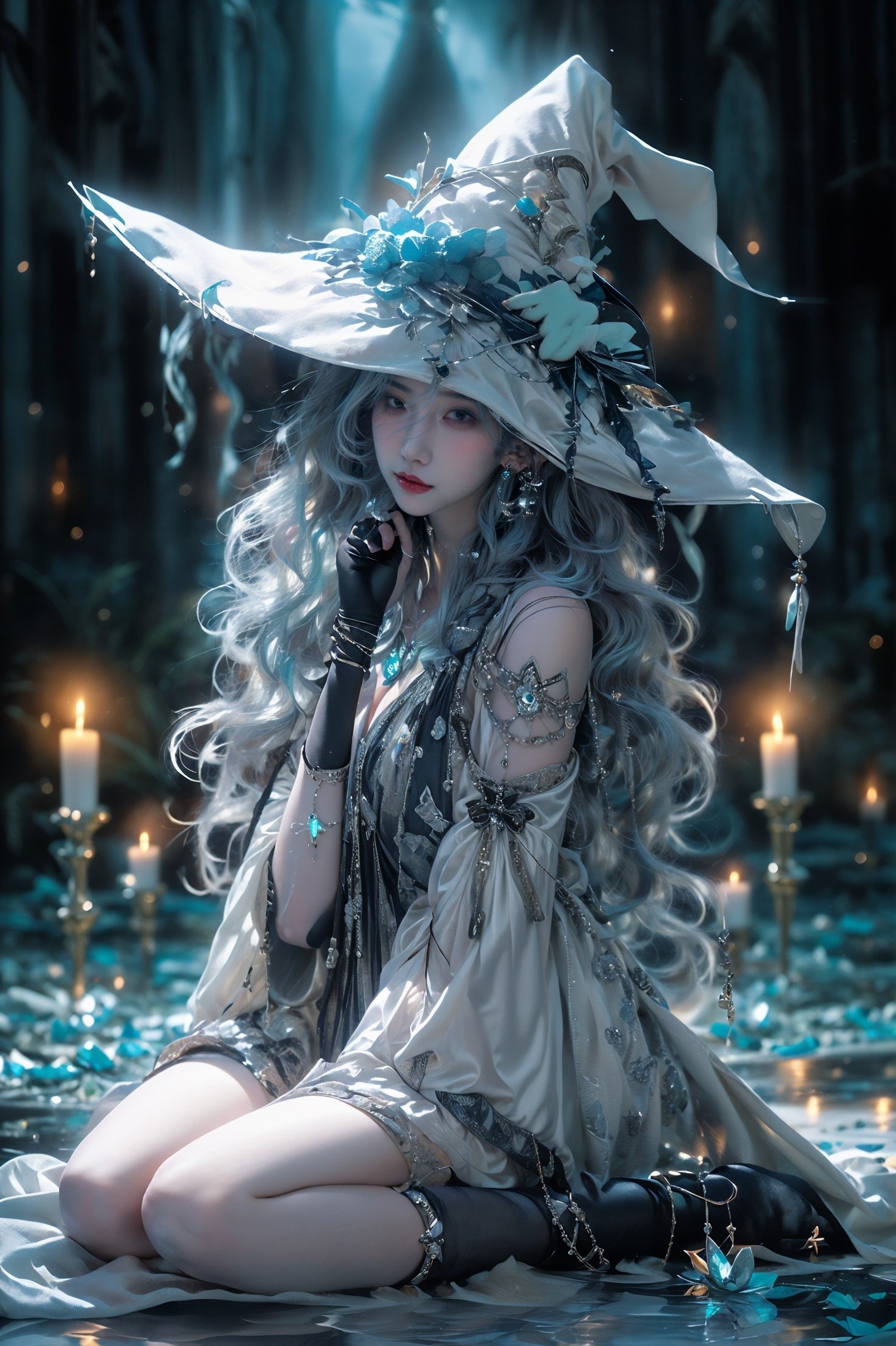 Moon Witch，1girl，witch hat，blonde hair，Witch gown，jewelry，high heels，cleavage，earrings，bracelet，bare shoulders，white thighhighs， (Milky skin, shiny skin:1.5)，(Black silk stockings:1.4),<lora:绪儿-月亮女巫Moon Witch:0.9>