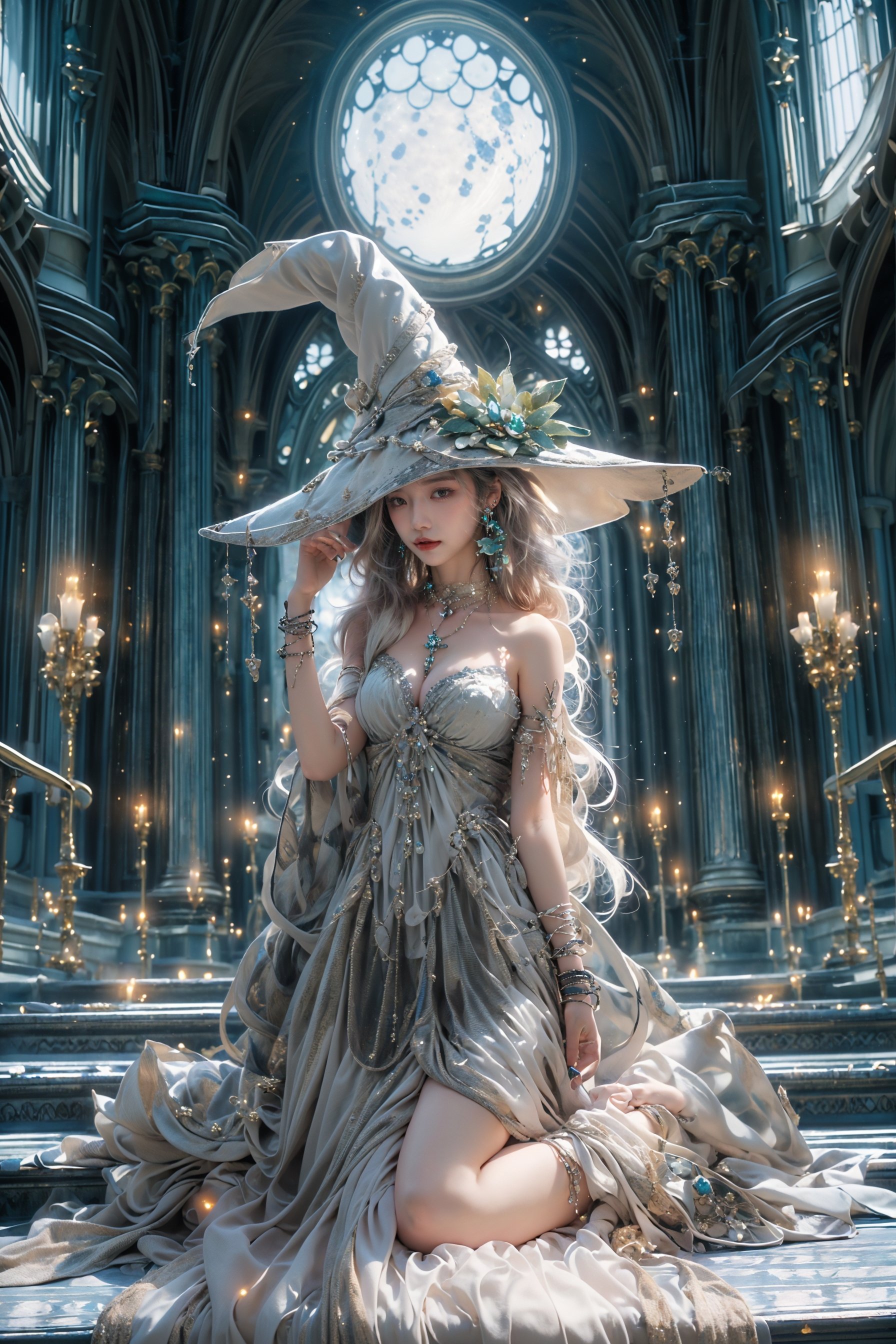 Moon Witch，1gid，solo，witch hat，blonde hair，dress，jewelry，high heels，cleavage，earrings，bracelet，bare shoulders，white thighhighs， (Milky skin, shiny skin:1.5)， <lora:Moon Witch_20230831151742:0.9>