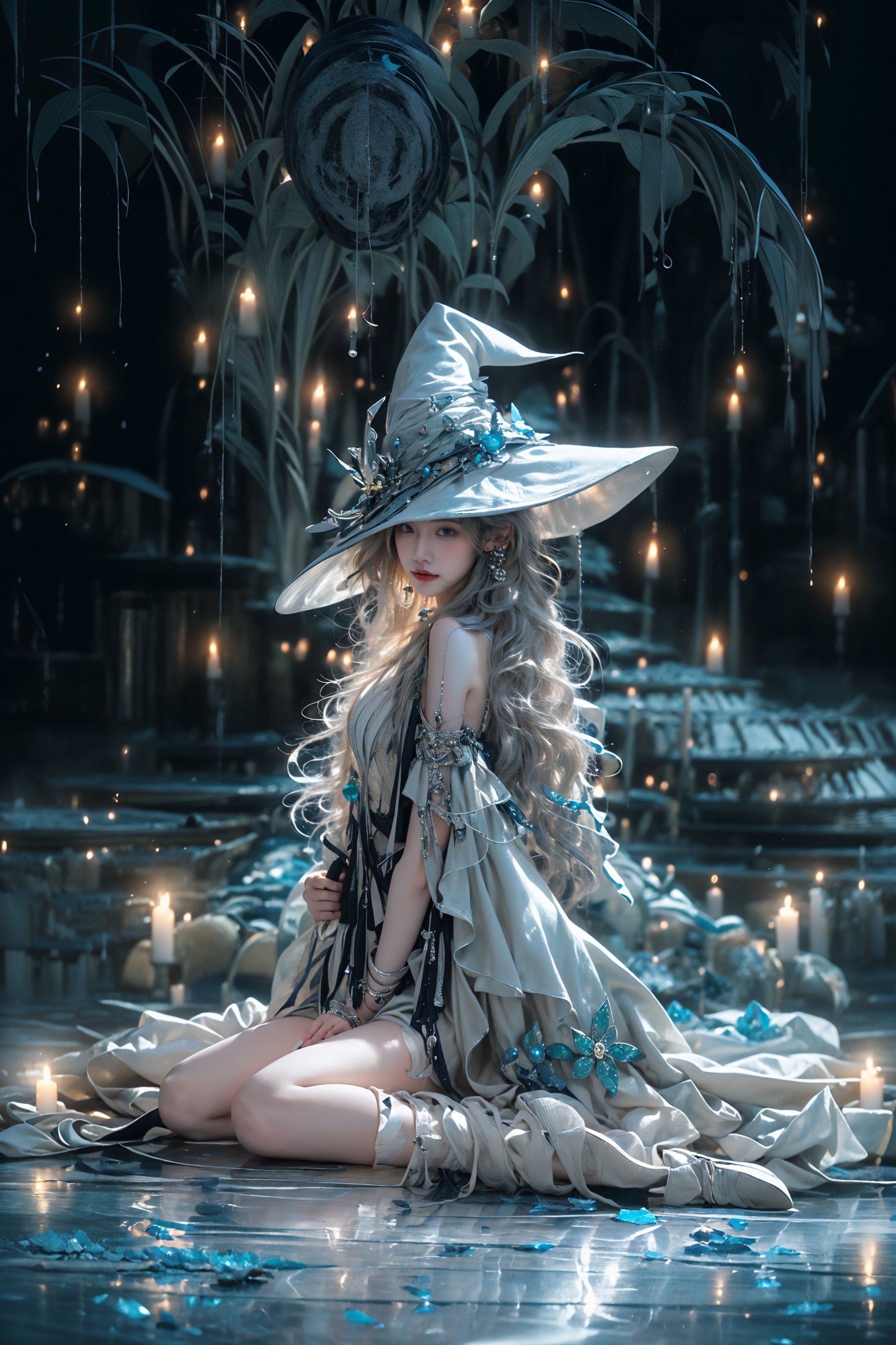 Moon Witch，1gid，solo，witch hat，blonde hair，dress，jewelry，high heels，cleavage，earrings，bracelet，bare shoulders，white thighhighs， (Milky skin, shiny skin:1.5)， <lora:Moon Witch_20230831151742:0.9>