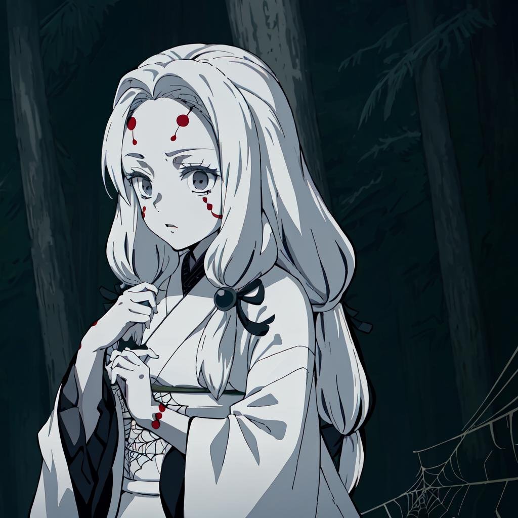 <lora:Spider_Demon_Daughter-10:1>outdoor,forest,high quality,Masterpeace,Spider_Demon_Daughter, 1girl, solo, long hair,hair ornament, white hair, japanese clothes, wide sleeves, kimono, grey eyes, facial mark, silk, spider web print