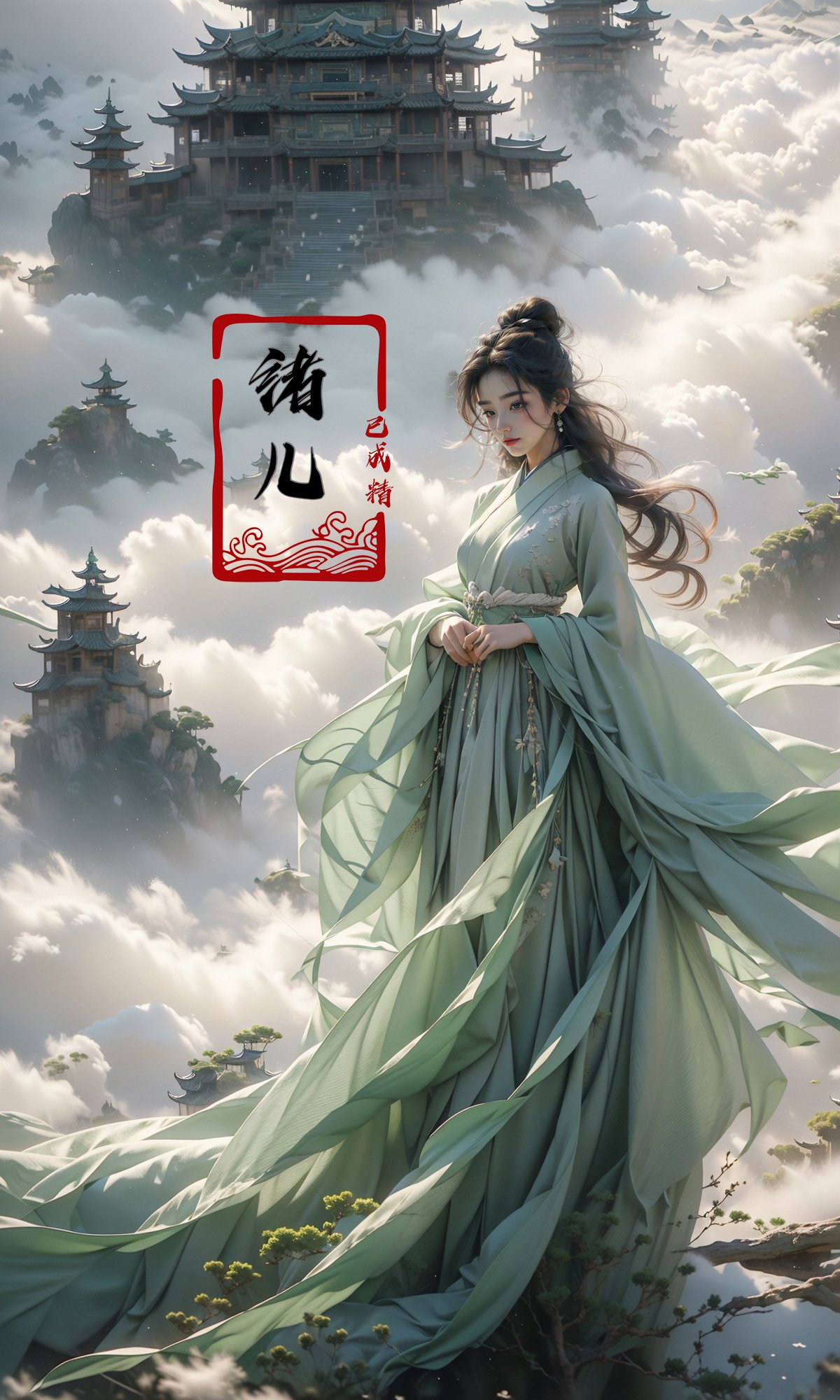 masterpiece, best quality, 32k uhd, Fairy in Clouds，above clouds，green Hanfu，full body，Panorama，<lora:绪儿-云中﷿ Fairy in Clouds:0.9>