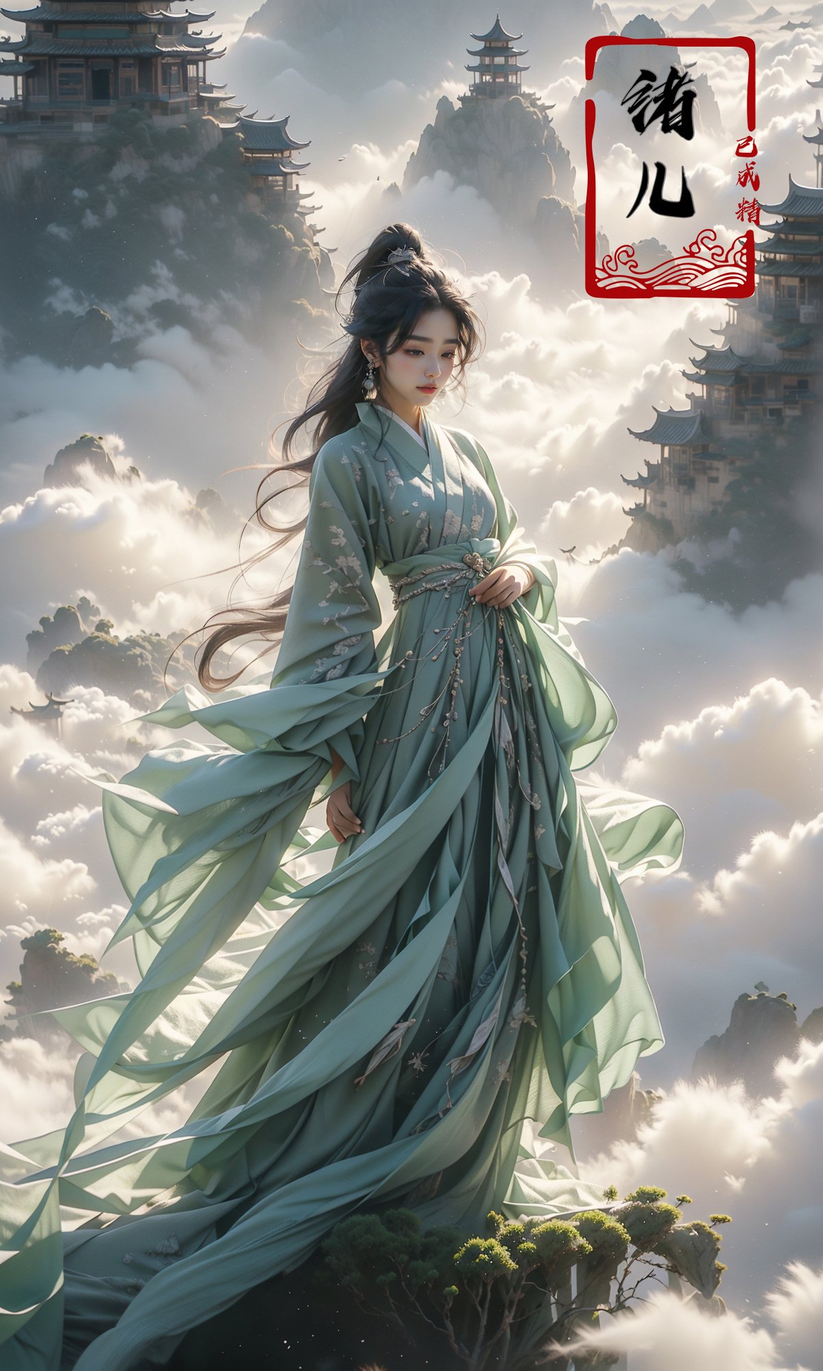 masterpiece, best quality, 32k uhd, Fairy in Clouds，above clouds，green Hanfu，full body，Panorama，<lora:绪儿-云中﷿ Fairy in Clouds:0.9>