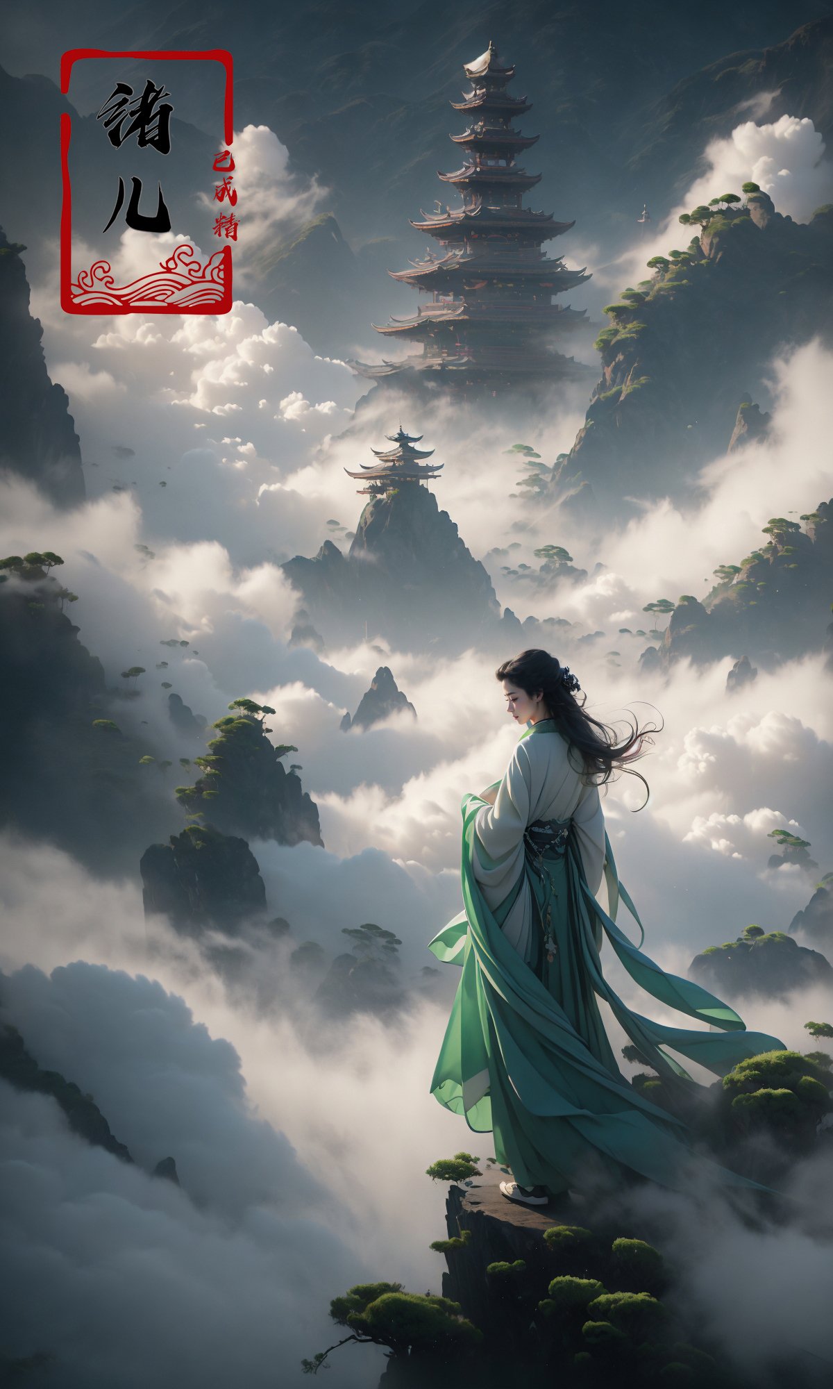 masterpiece, best quality, 32k uhd, Fairy in Clouds，above clouds，green Hanfu，full body，Panorama，<lora:绪儿-云中﷿ Fairy in Clouds:0.9>