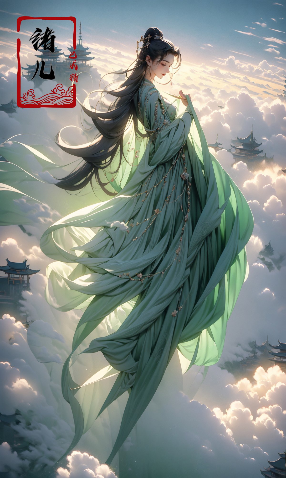 masterpiece, best quality, 32k uhd, Fairy in Clouds，above clouds，green Hanfu，full body，Panorama，<lora:绪儿-云中﷿ Fairy in Clouds:0.9>