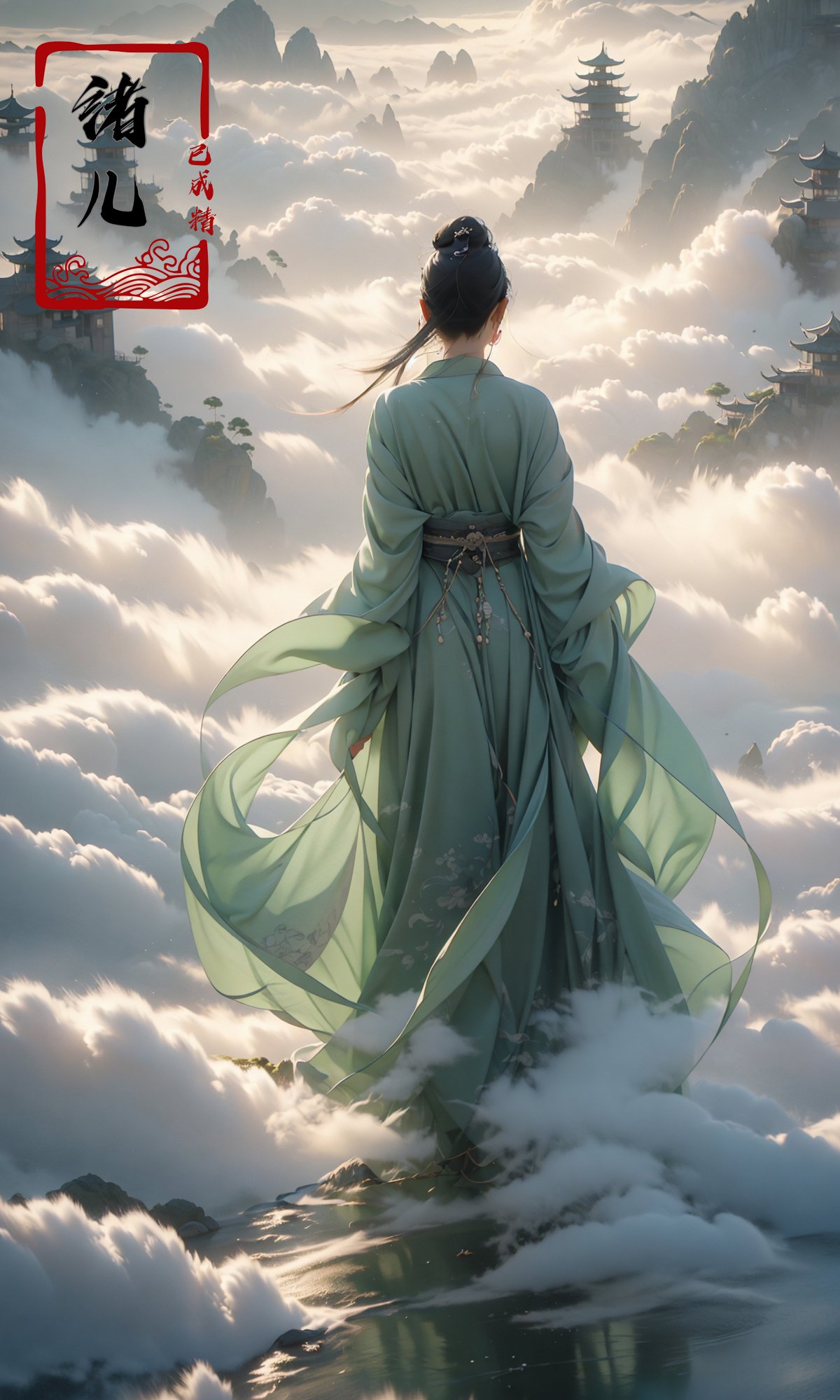 masterpiece, best quality, 32k uhd, Fairy in Clouds，above clouds，green Hanfu，full body，Panorama，<lora:绪儿-云中﷿ Fairy in Clouds:0.9>