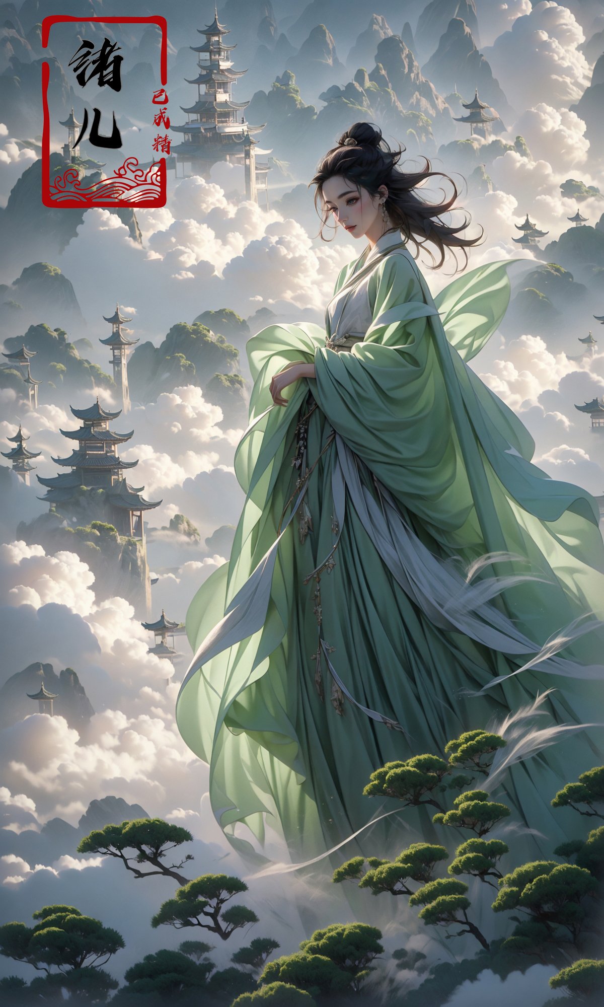 masterpiece, best quality, 32k uhd, Fairy in Clouds，above clouds，Red Hanfu，<lora:绪儿-云中﷿ Fairy in Clouds:0.9>