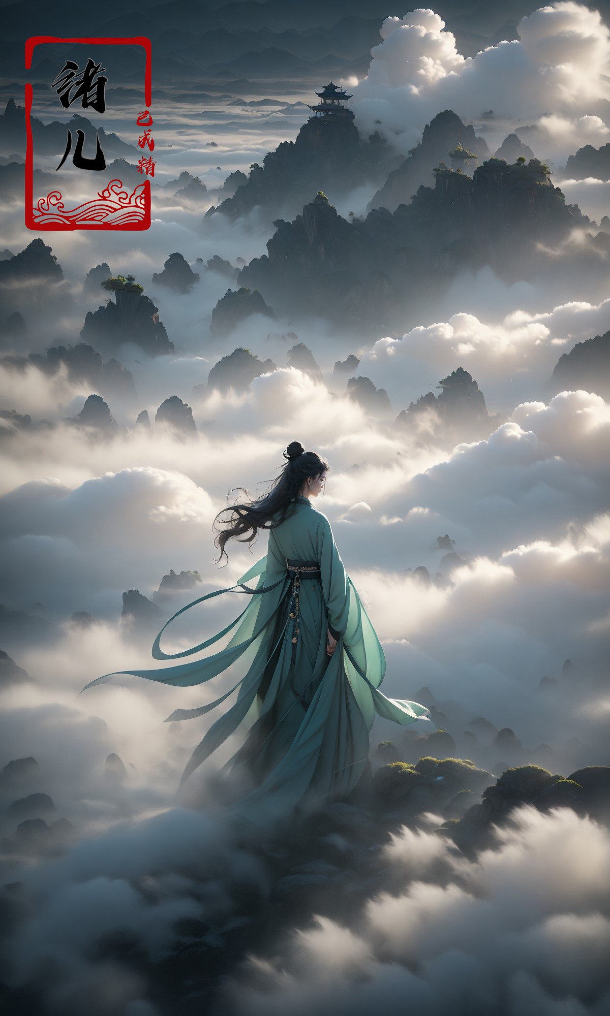 masterpiece, best quality, 32k uhd, Fairy in Clouds，above clouds，green Hanfu，full body，Panorama，<lora:绪儿-云中﷿ Fairy in Clouds:0.9>