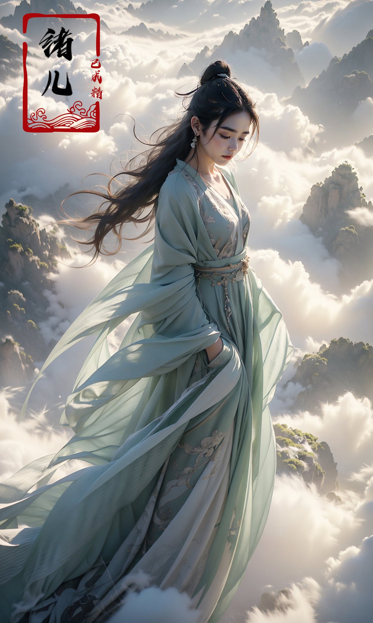 masterpiece, best quality, 32k uhd, Fairy in Clouds，above clouds，Red Hanfu，<lora:绪儿-云中﷿ Fairy in Clouds:0.9>