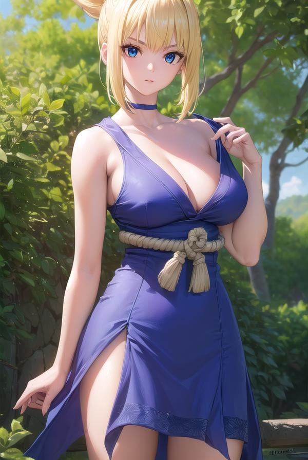 kohaku, <lora:kohaku-lora-nochekaiser:1>,kohaku, blonde hair, blue eyes, hair ornament, ponytail,BREAK bare shoulders, blue dress, choker, dress, rope, rope belt, sleeveless, sleeveless dress, BREAK looking at viewer, full body, (cowboy shot:1.5),BREAK outdoors, sky, forest, nature,BREAK <lyco:GoodHands-beta2:1>, (masterpiece:1.2), best quality, high resolution, unity 8k wallpaper, (illustration:0.8), (beautiful detailed eyes:1.6), extremely detailed face, perfect lighting, extremely detailed CG, (perfect hands, perfect anatomy),