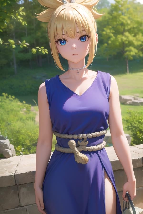 kohaku, <lora:kohaku-lora-nochekaiser:1>,kohaku, blonde hair, blue eyes, hair ornament, ponytail,BREAK bare shoulders, blue dress, choker, dress, rope, rope belt, sleeveless, sleeveless dress, BREAK looking at viewer, full body, (cowboy shot:1.5),BREAK outdoors, sky, forest, nature,BREAK <lyco:GoodHands-beta2:1>, (masterpiece:1.2), best quality, high resolution, unity 8k wallpaper, (illustration:0.8), (beautiful detailed eyes:1.6), extremely detailed face, perfect lighting, extremely detailed CG, (perfect hands, perfect anatomy),