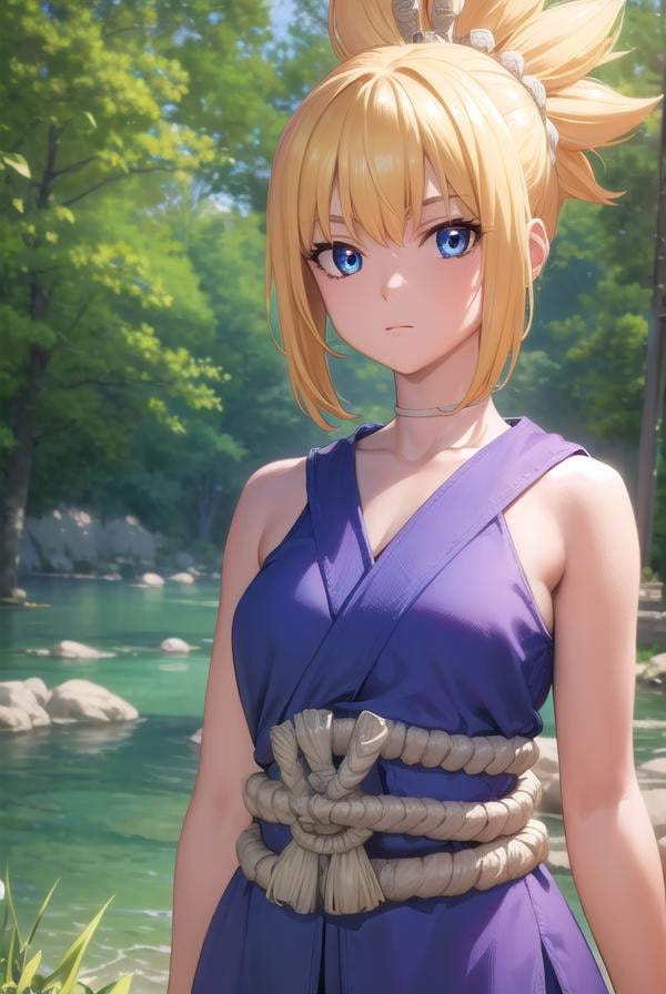 kohaku, <lora:kohaku-lora-nochekaiser:1>,kohaku, blonde hair, blue eyes, hair ornament, ponytail,BREAK bare shoulders, blue dress, choker, dress, rope, rope belt, sleeveless, sleeveless dress, BREAK looking at viewer, full body, (cowboy shot:1.5),BREAK outdoors, sky, forest, nature,BREAK <lyco:GoodHands-beta2:1>, (masterpiece:1.2), best quality, high resolution, unity 8k wallpaper, (illustration:0.8), (beautiful detailed eyes:1.6), extremely detailed face, perfect lighting, extremely detailed CG, (perfect hands, perfect anatomy),