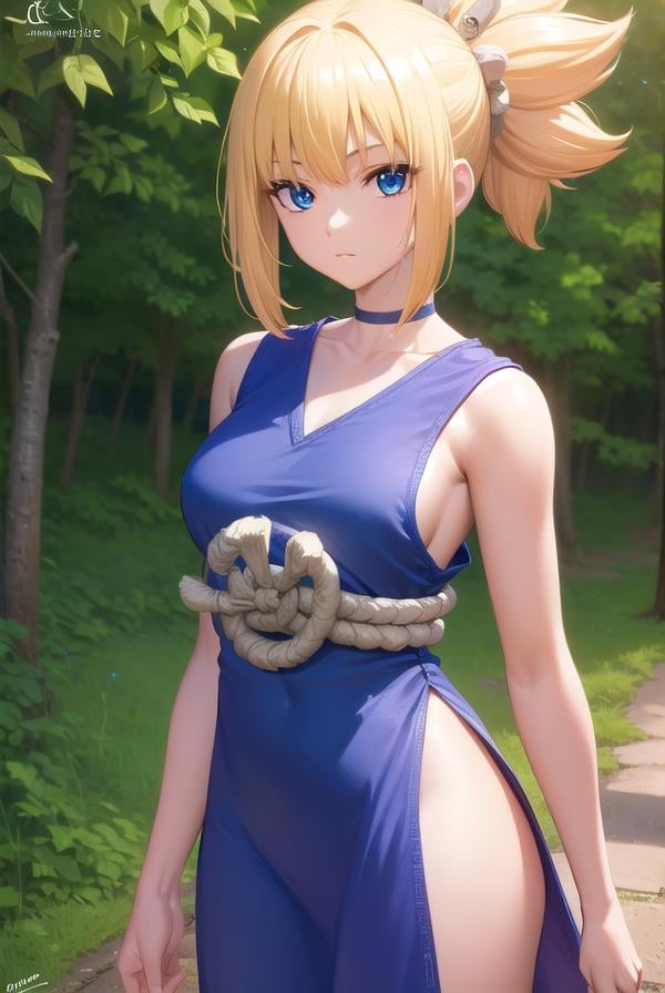 kohaku, <lora:kohaku-lora-nochekaiser:1>,kohaku, blonde hair, blue eyes, hair ornament, ponytail,BREAK bare shoulders, blue dress, choker, dress, rope, rope belt, sleeveless, sleeveless dress, BREAK looking at viewer, full body, (cowboy shot:1.5),BREAK outdoors, sky, forest, nature,BREAK <lyco:GoodHands-beta2:1>, (masterpiece:1.2), best quality, high resolution, unity 8k wallpaper, (illustration:0.8), (beautiful detailed eyes:1.6), extremely detailed face, perfect lighting, extremely detailed CG, (perfect hands, perfect anatomy),